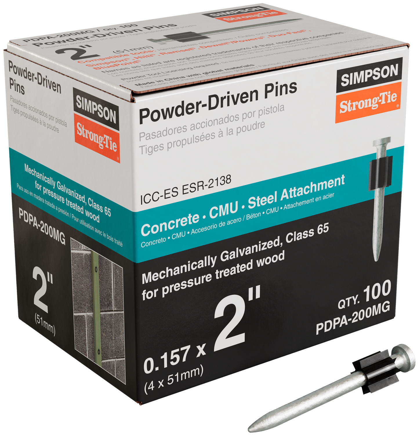 Simpson Strong-Tie PDPA-200MG PDPA .157 in. x 2 in. Mechanically Galvanized Powder-Actuated Pin (100-Qty) (Pack of 10)