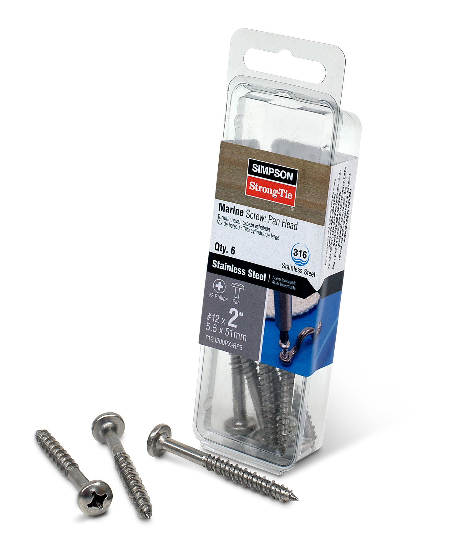 Simpson Strong-Tie T12J200PX-RP6 Marine Screw, Pan Head — #12 x 2 in. #3 Phillips Drive, Type 316 (6-Qty)