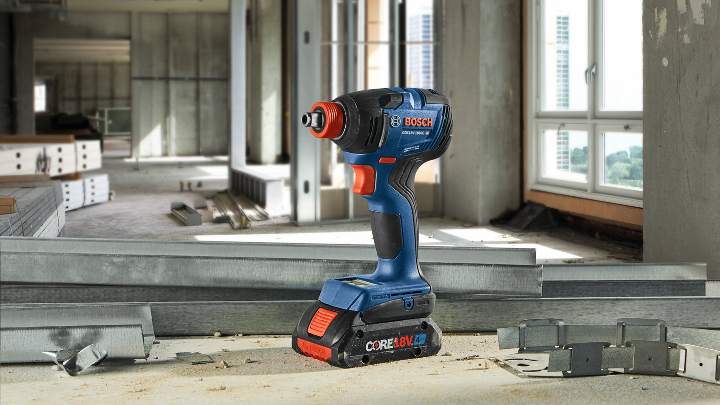 BOSCH GXL18V-227B25 18V 2-Tool Combo Kit with Connected-Ready Two-In-One 1/4 In. Bit/Socket Impact Driver/Wrench, 1/2 In. Hammer Drill/Driver and (2) CORE18V® 4 Ah Advanced Power Batteries
