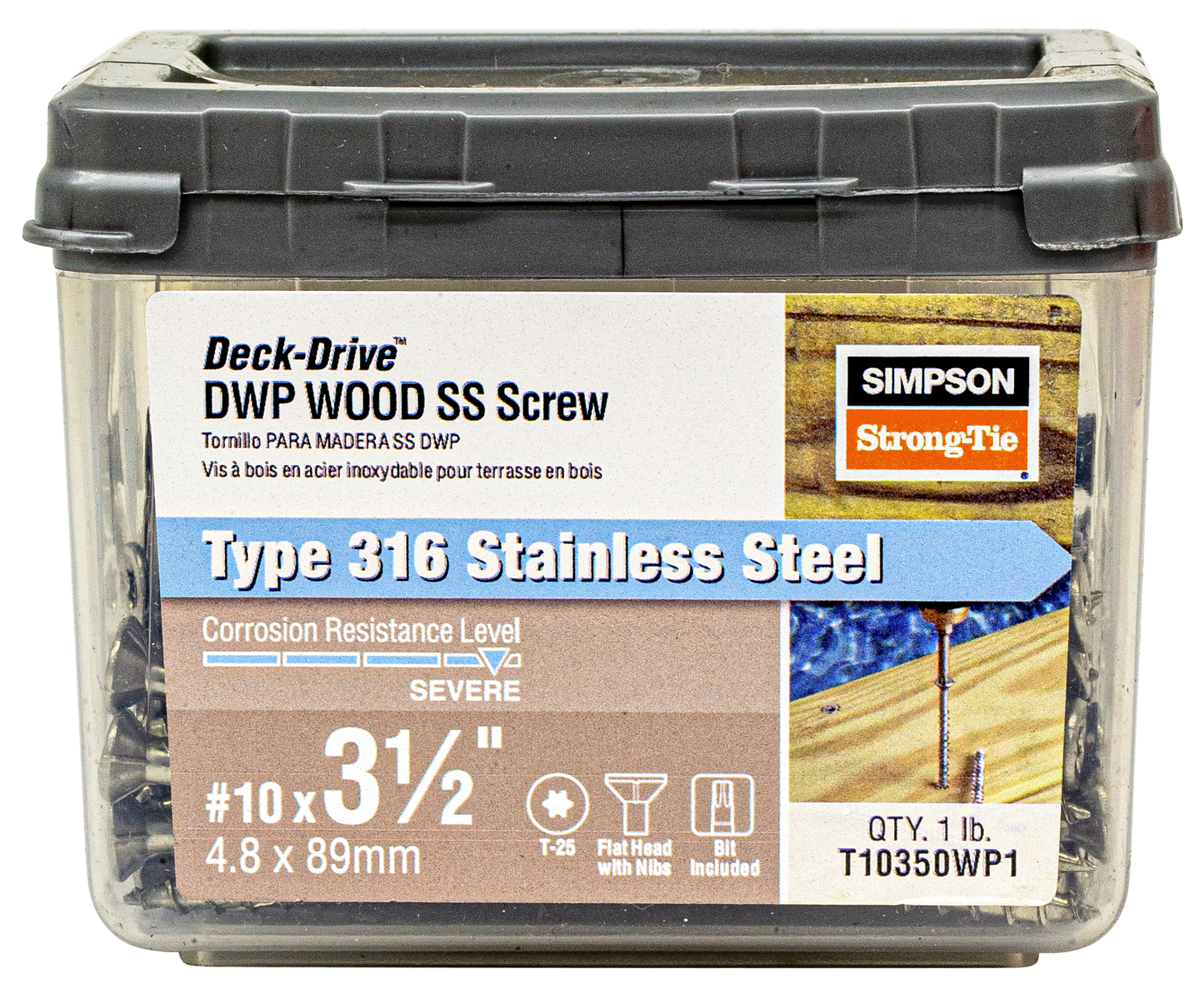Simpson Strong-Tie T10350WP1 Deck-Drive™ DWP WOOD SS Screw — #10 x 3-1/2 in. T-25, Flat Head, Type 316 (1 lb.) (Pack of 10)