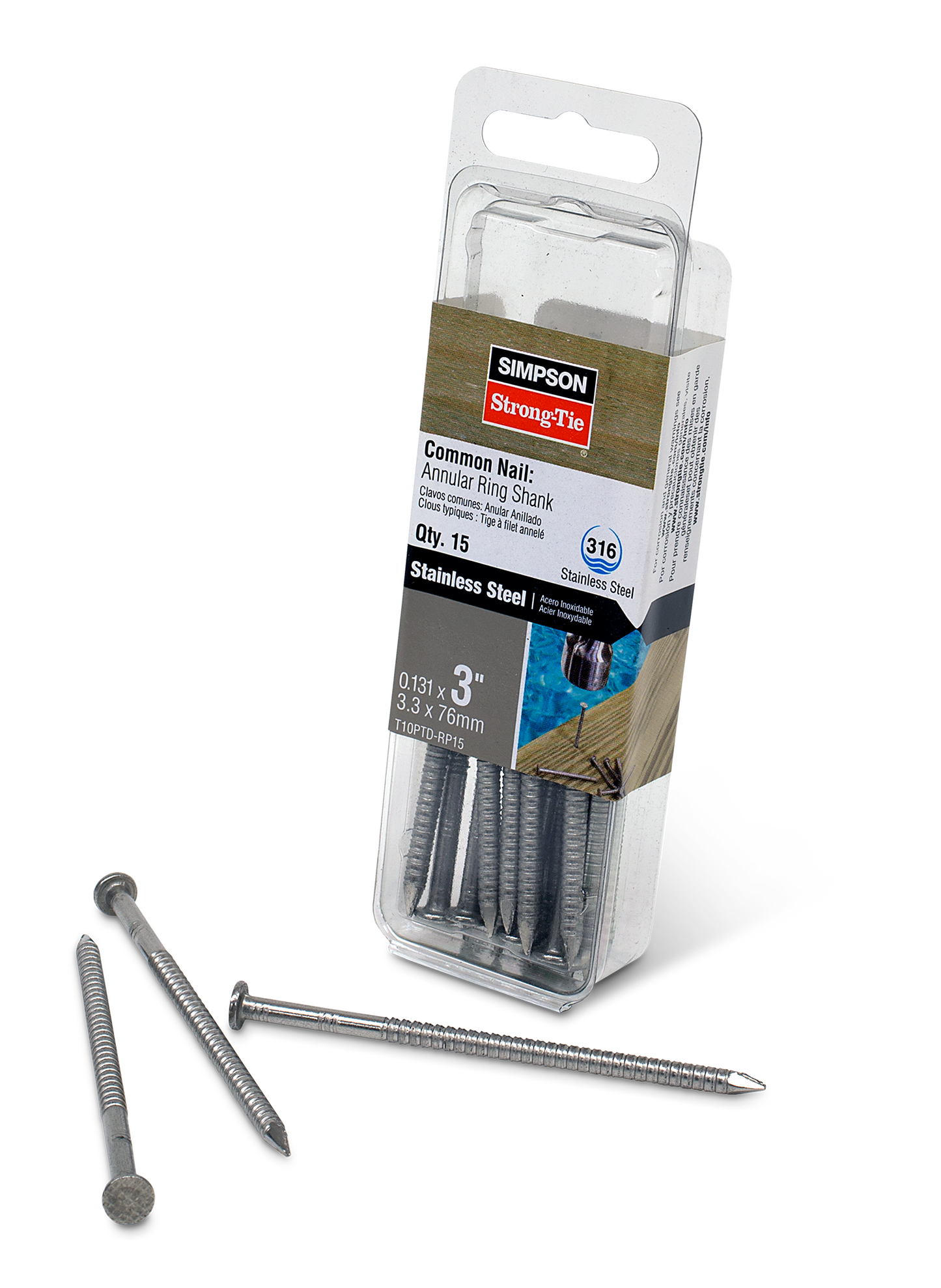 Simpson Strong-Tie T10PTD-RP15 Preservative-Treated Wood Decking Nail, Ring Shank — 3 in. x .131 in. Type 316 (15-Qty)