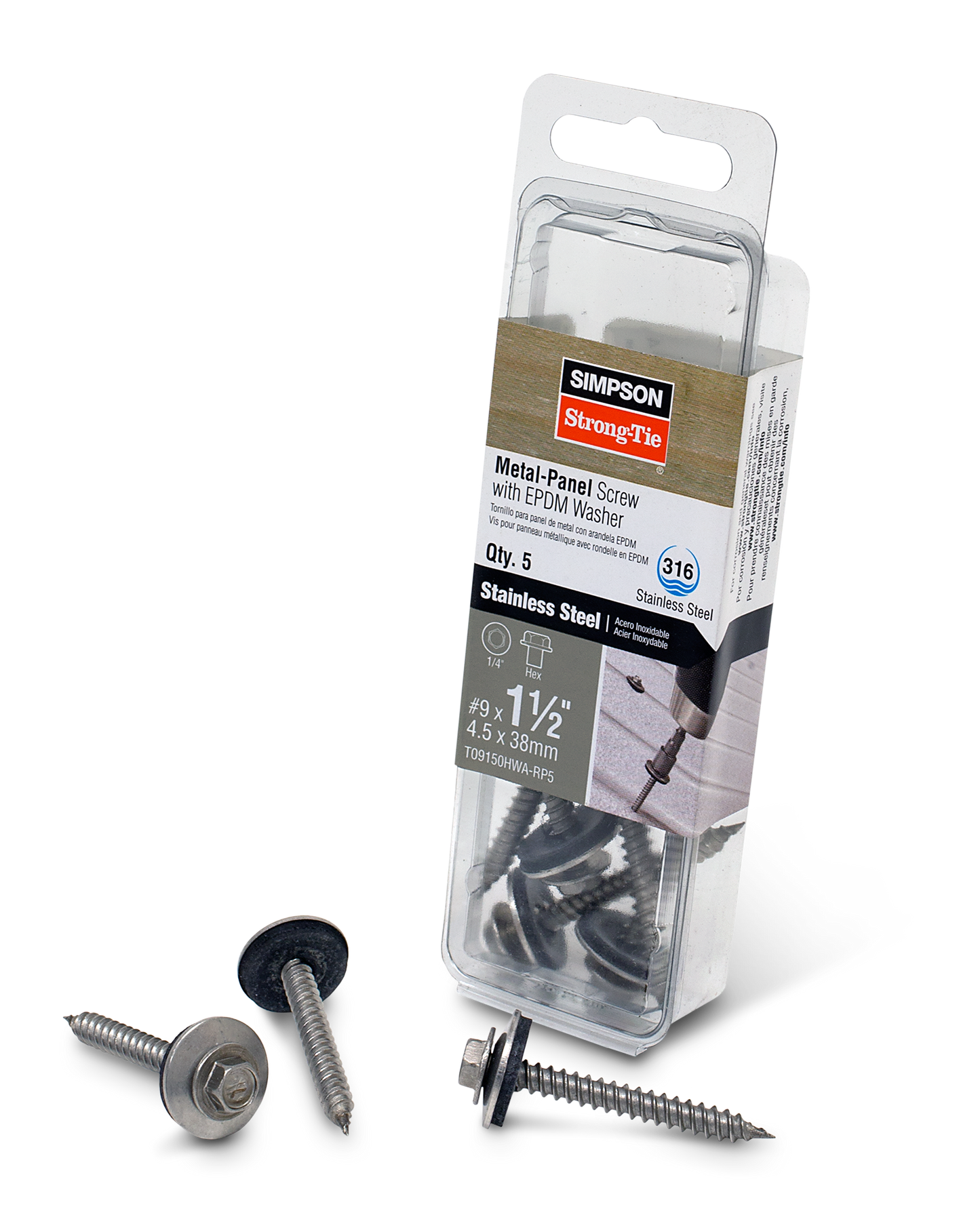 Simpson Strong-Tie T09150HWA-RP5 Metal-Panel Screw with EPDM Washer — #9 x 1-1/2 in. Hex Head, Type 316 (5-Qty)
