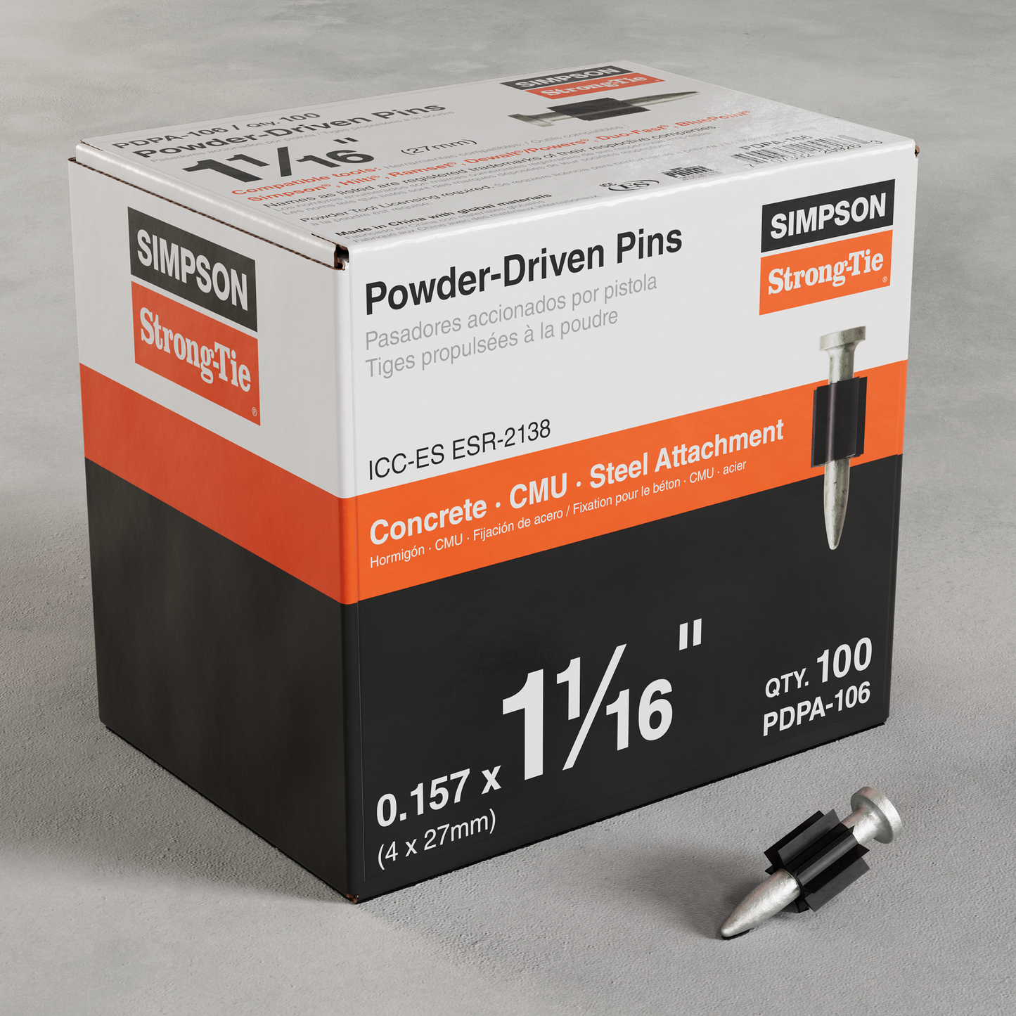 Simpson Strong-Tie PDPA-106 PDPA .157 in. x 1-1/16 in. Powder-Actuated Pin (100-Qty) (Pack of 10)