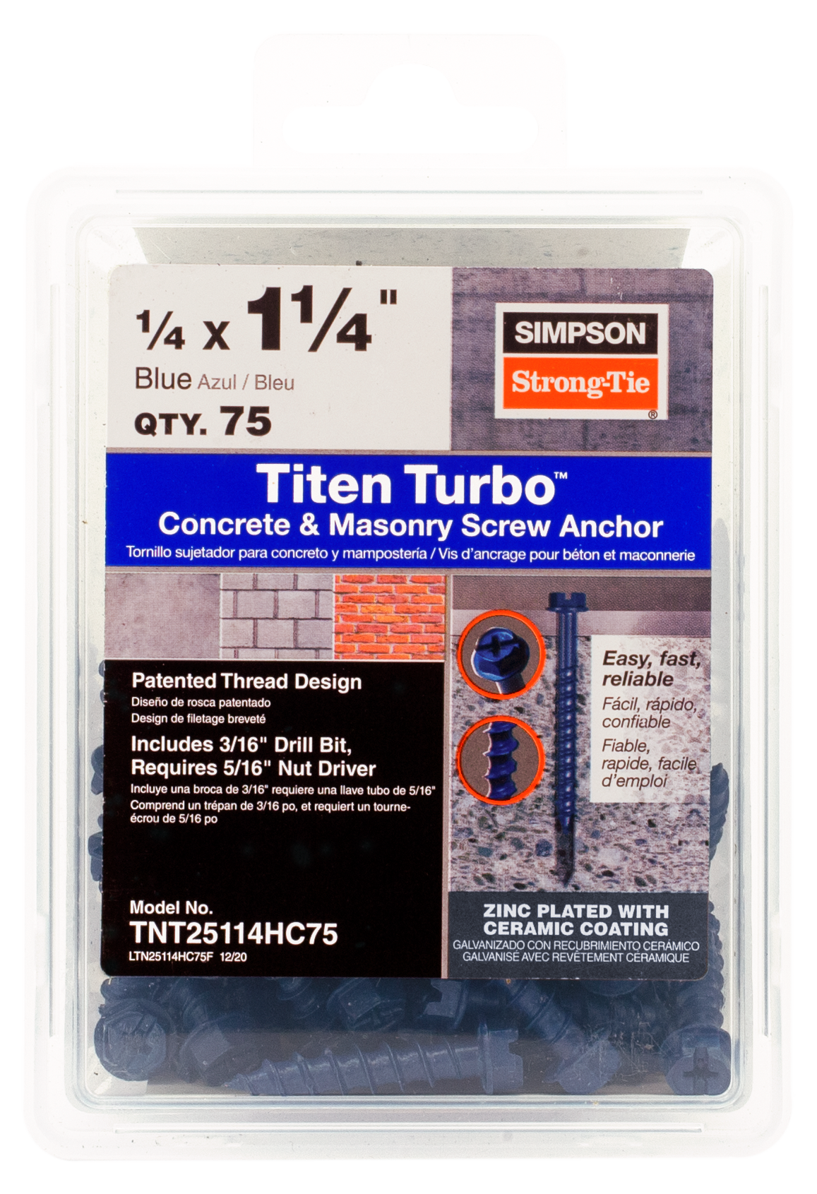 Simpson Strong-Tie TNT25114HC75 Titen Turbo™ — 1/4 in. x 1-1/4 in. Hex-Head Concrete and Masonry Screw, Blue (75-Qty)
