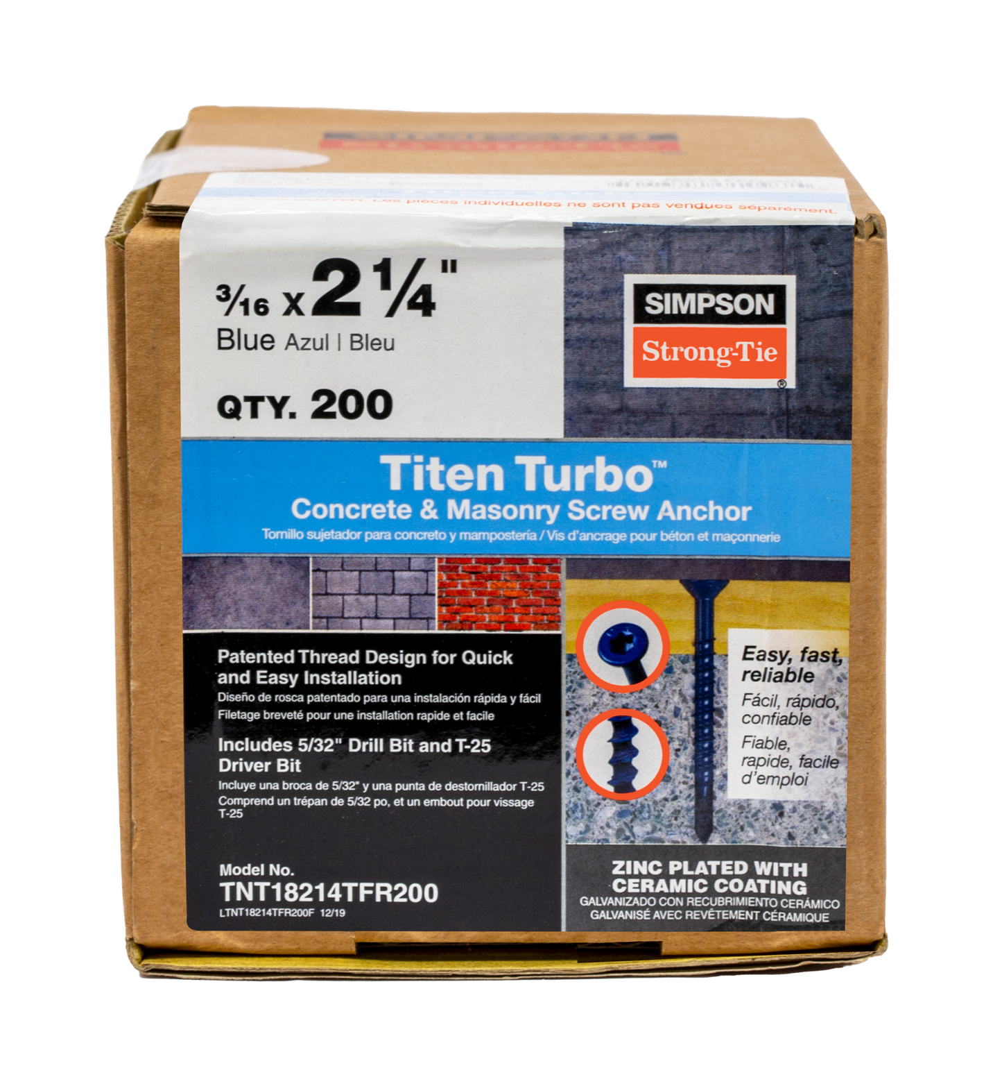 Simpson Strong-Tie TNT18214TF Titen Turbo™ — 3/16 in. x 2-1/4 in. 6-Lobe Flat-Head Concrete and Masonry Screw, Blue (100-Qty) (Pack of 840)