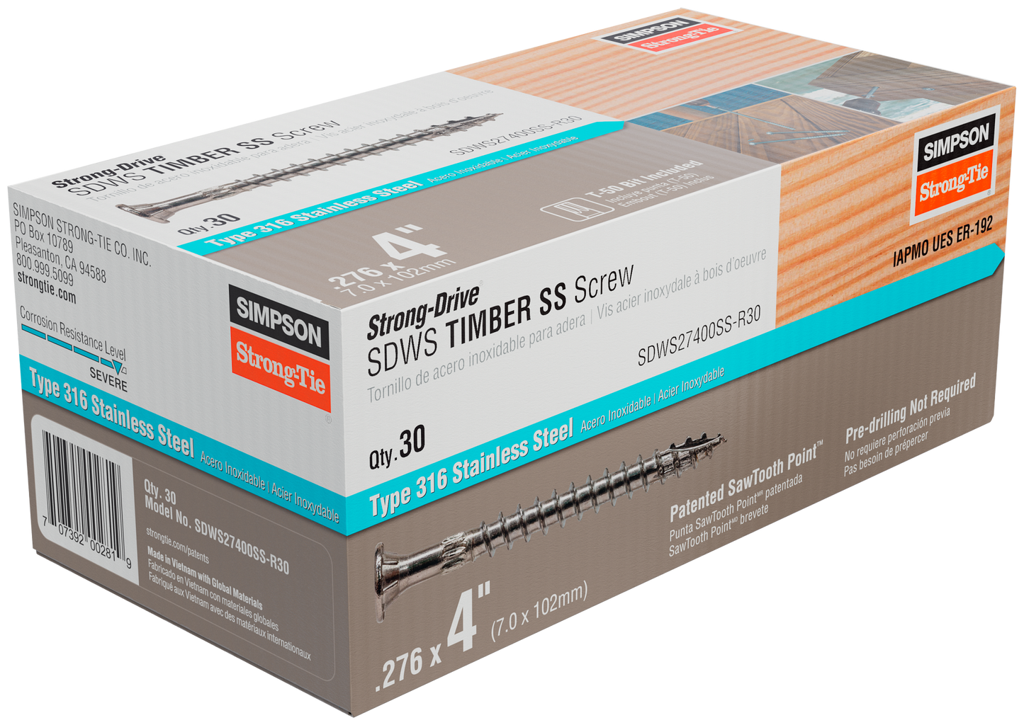 Simpson Strong-Tie SDWS27400SS-R30 Strong-Drive® SDWS™ TIMBER Screw — 0.275 in. x 4 in. T50, Type 316 (30-Qty)