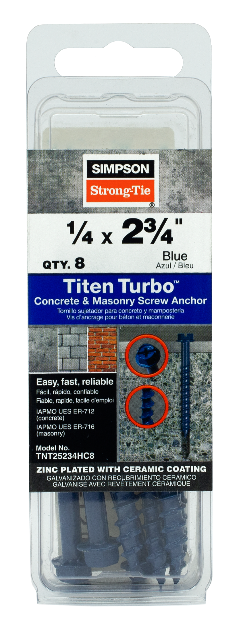 Simpson Strong-Tie TNT25234HC8 Titen Turbo™ — 1/4 in. x 2-3/4 in. Hex-Head Concrete and Masonry Screw, Blue (8-Qty) (Pack of 5520)