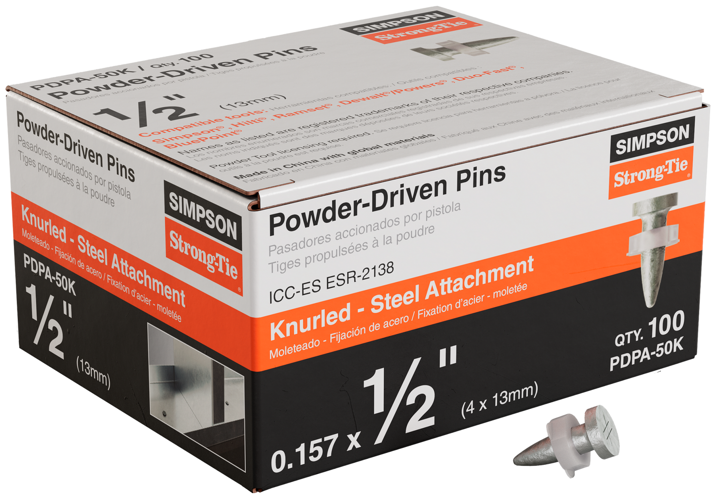 Simpson Strong-Tie PDPA-50K PDPA .157 in. x 1/2 in. Powder-Actuated Knurled Drive Pin (100-Qty)
