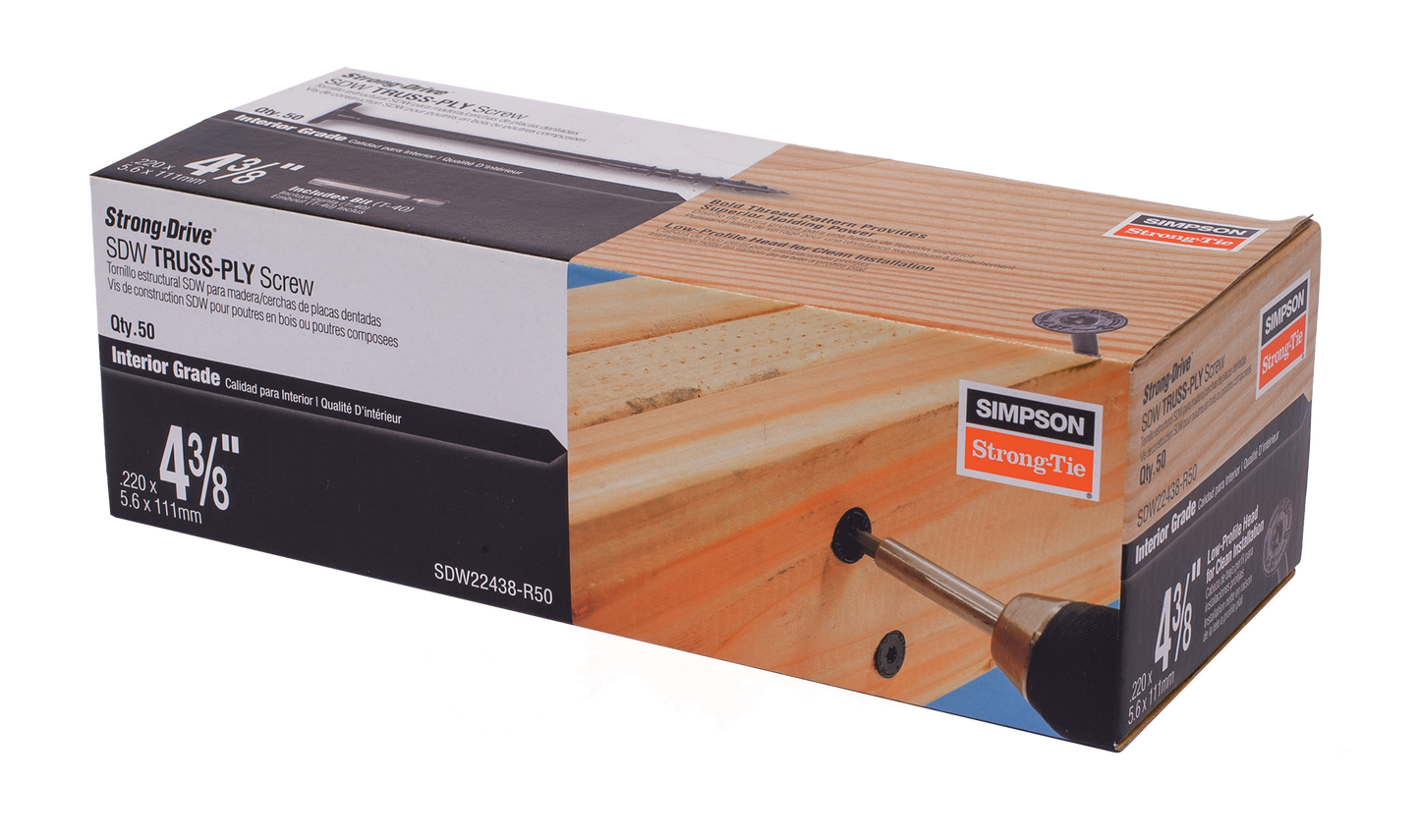 Simpson Strong-Tie SDW22438-R50 Strong-Drive® SDW™ TRUSS-PLY Screw — .220 in. x 4-3/8 in. T40 6-Lobe E-coat® (50-Qty)