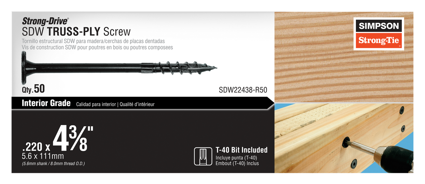 Simpson Strong-Tie SDW22438-R50 Strong-Drive® SDW™ TRUSS-PLY Screw — .220 in. x 4-3/8 in. T40 6-Lobe E-coat® (50-Qty) (Pack of 4)