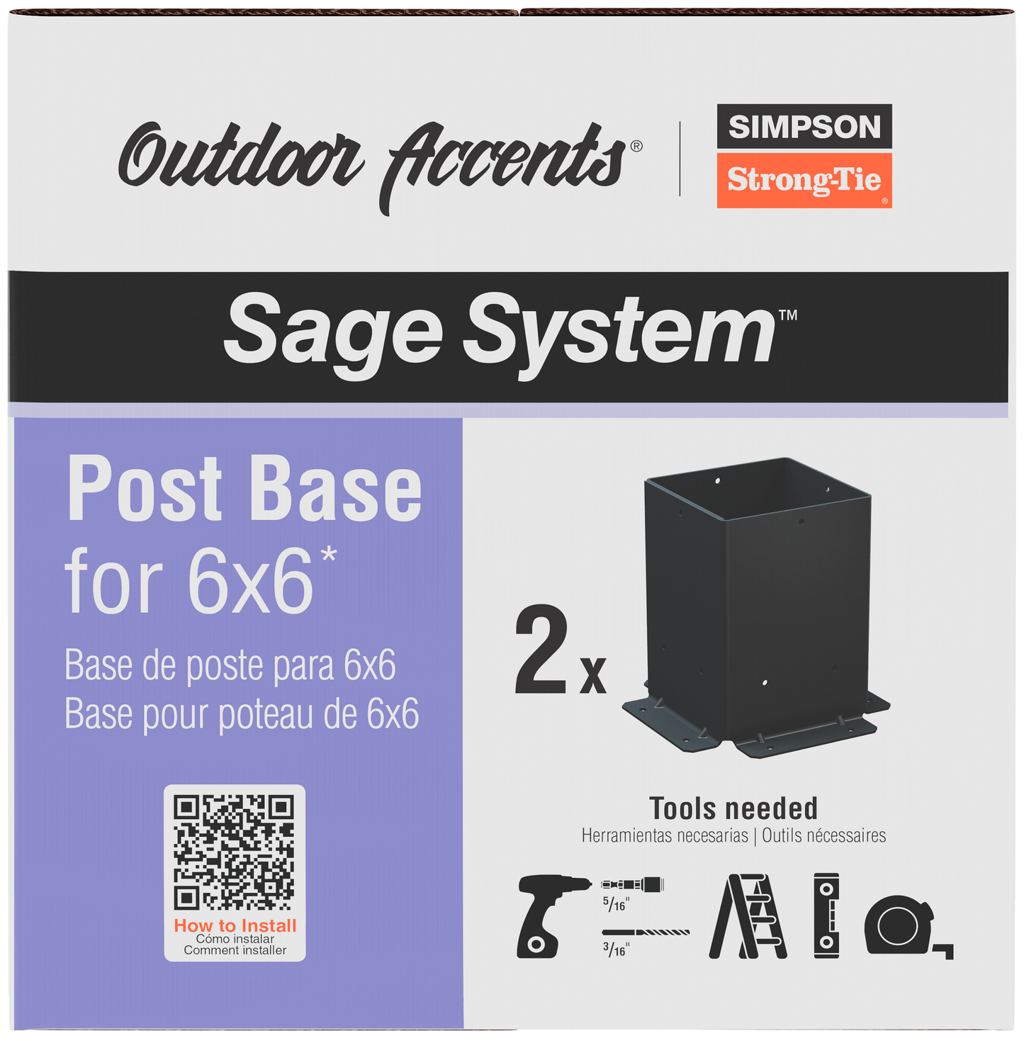 Simpson Strong-Tie SAGE-B66-KT2 Outdoor Accents® Sage System™ Black Powder-Coated Post Base for 6x6 with Screws (2-Qty) (Pack of 36)