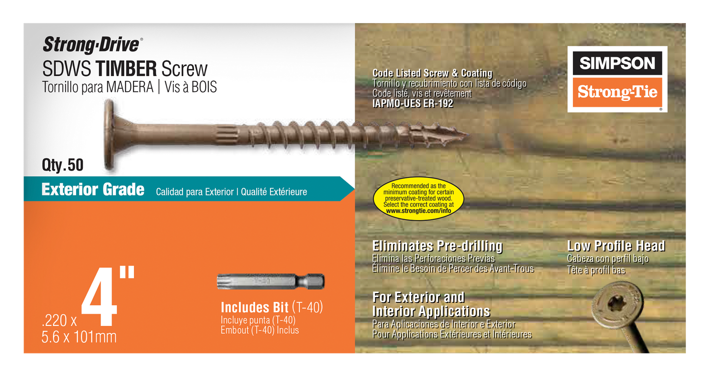 Simpson Strong-Tie SDWS22400DB-R50 Strong-Drive® SDWS™ TIMBER Screw (Exterior Grade) — 0.220 in. x 4 in. T40, Tan (50-Qty)