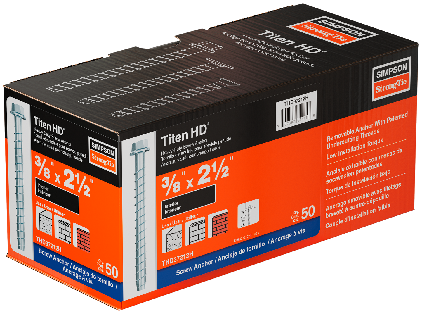 Simpson Strong-Tie THD37212H Titen HD® 3/8 in. x 2-1/2 in. Heavy-Duty Screw Anchor (50-Qty)