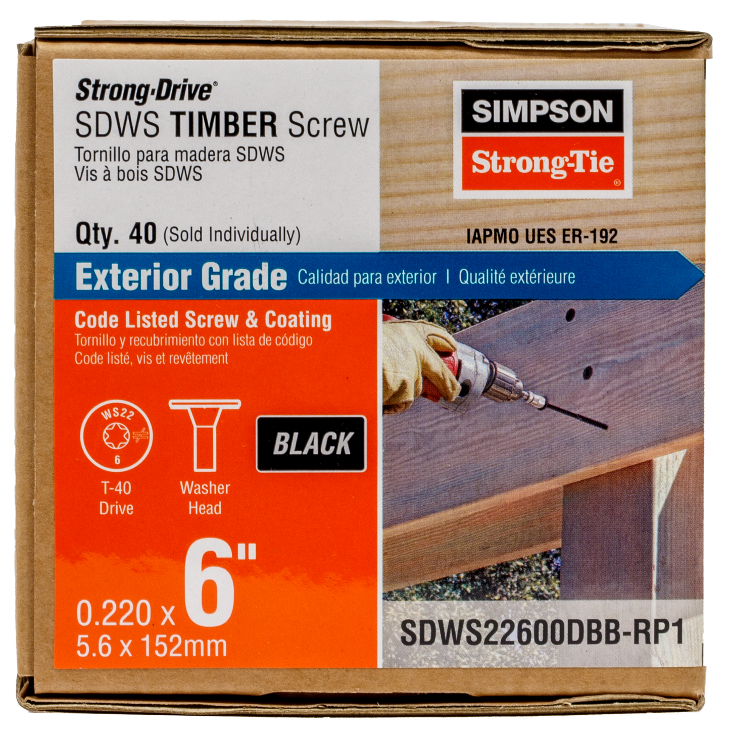 Simpson Strong-Tie SDWS22600DBB-RP1 Strong-Drive® SDWS™ TIMBER Screw (Exterior Grade) — 0.220 in. x 6 in. T40, Black (Pack of 40)