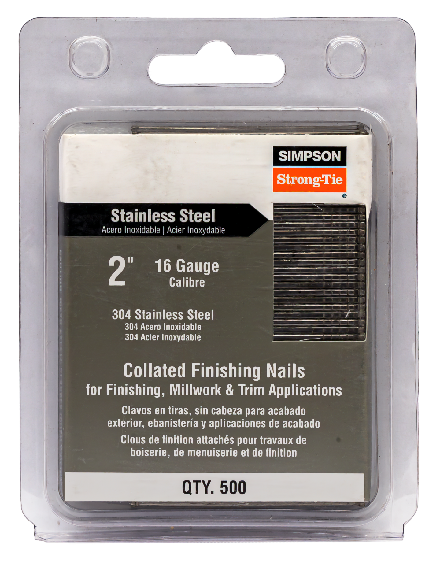 Simpson Strong-Tie S16N200FNB Straight, Adhesive Collation, T-Style Head, 16-Gauge Finishing Nail — 2 in. Type 304 (500-Qty) (Pack of 5)