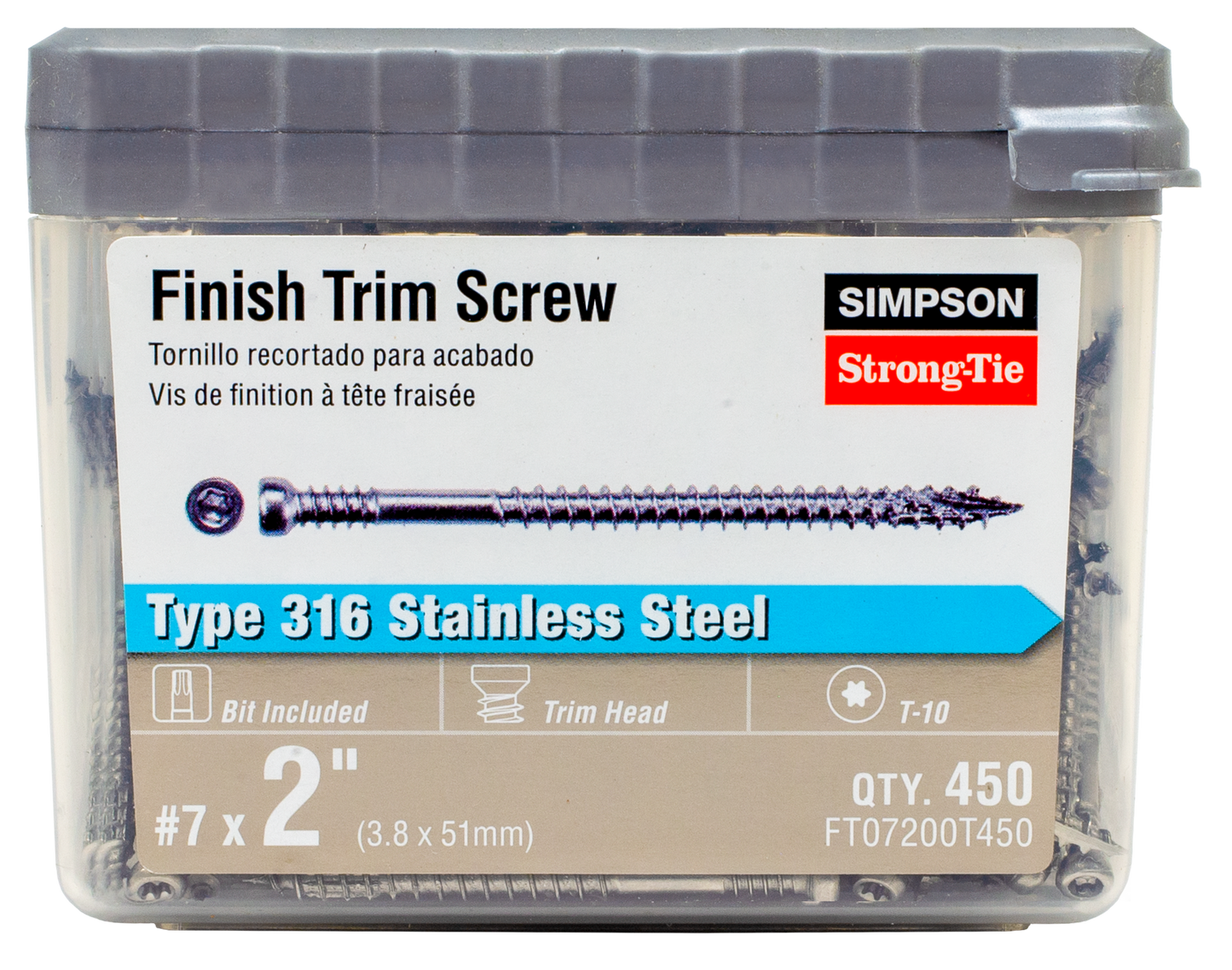Simpson Strong-Tie FT07200T450 Finish Trim Screw — #7 x 2 in. T10, Trim-Head, Type 316 (450-Qty) (Pack of 6)