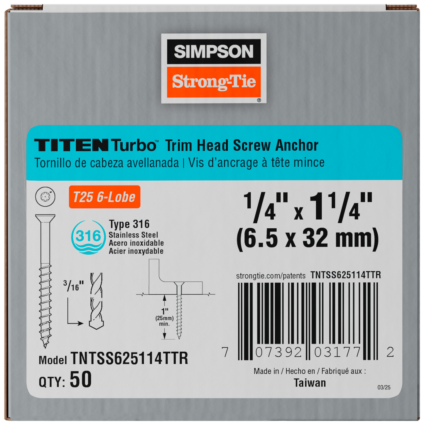 Simpson Strong-Tie TNTSS625114TTR Titen Turbo™ — 1/4 in. x 1-1/4 in. Type 316 Stainless-Steel Trim-Head Concrete and Masonry Screw (50-Qty) (Pack of 1296)