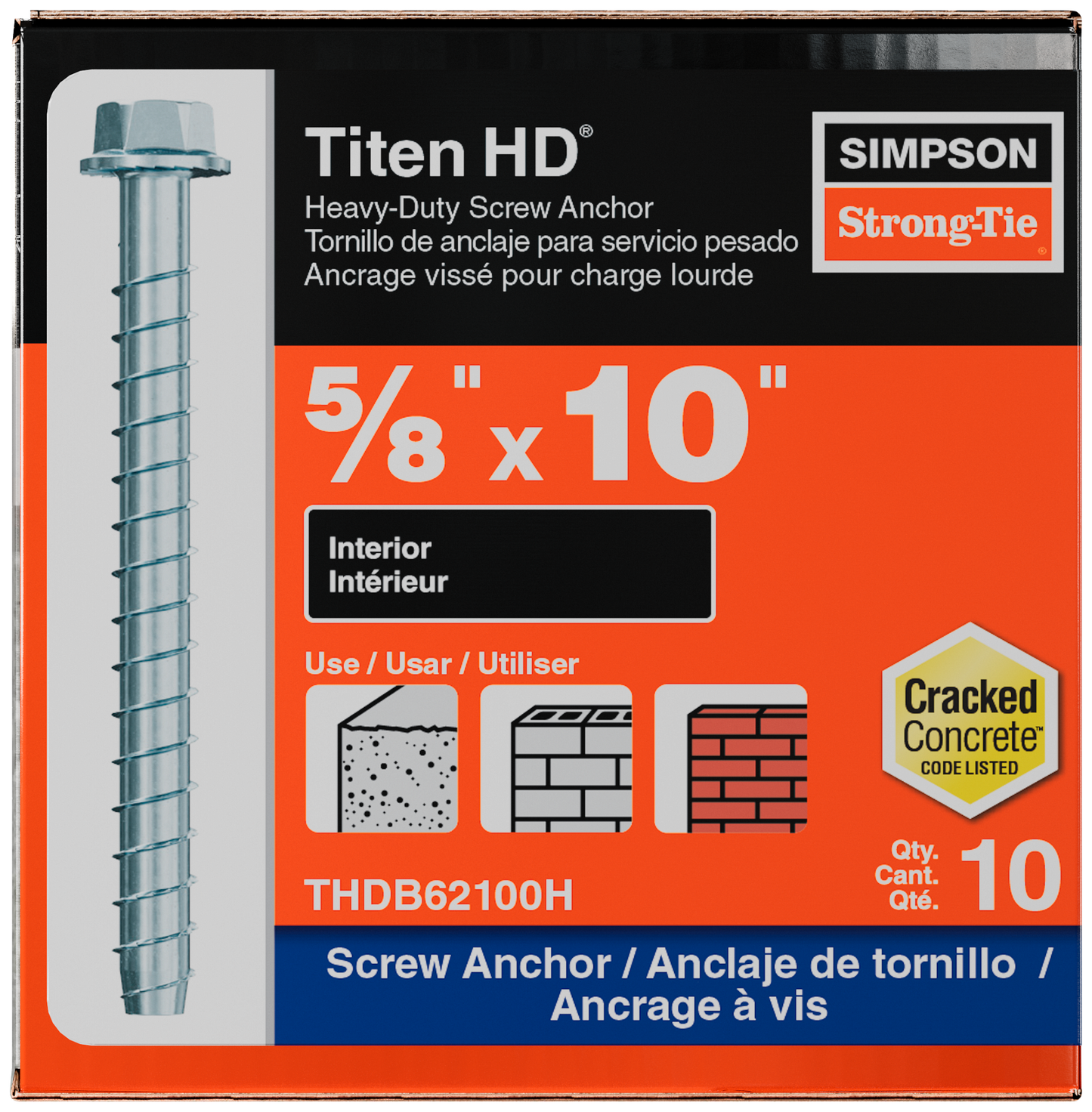 Simpson Strong-Tie THDB62100H Titen HD® 5/8 in. x 10 in. Heavy-Duty Screw Anchor (10-Qty) (Pack of 216)