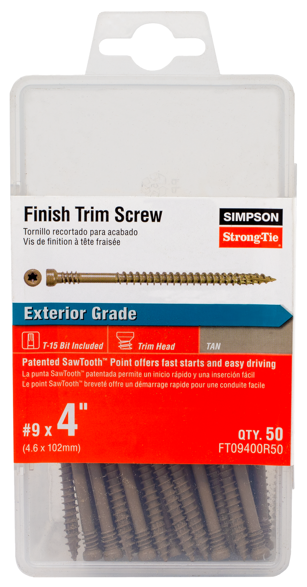 Simpson Strong-Tie FT09400R50 Finish Trim Screw — #9 x 4 in. T15, Trim-Head, Quik Guard®, Tan (50-Qty)