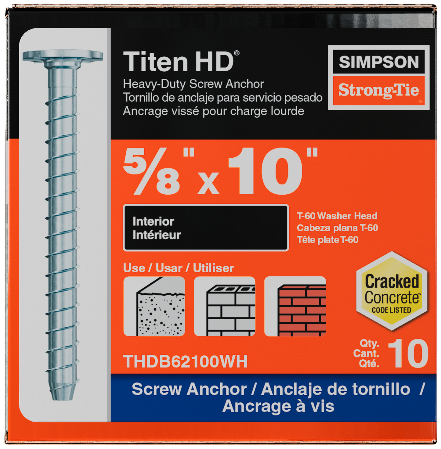 Simpson Strong-Tie THDB62100WH Titen HD® 5/8 in. x 10 in. Washer-Head Heavy-Duty Screw Anchor (10-Qty) (Pack of 216)