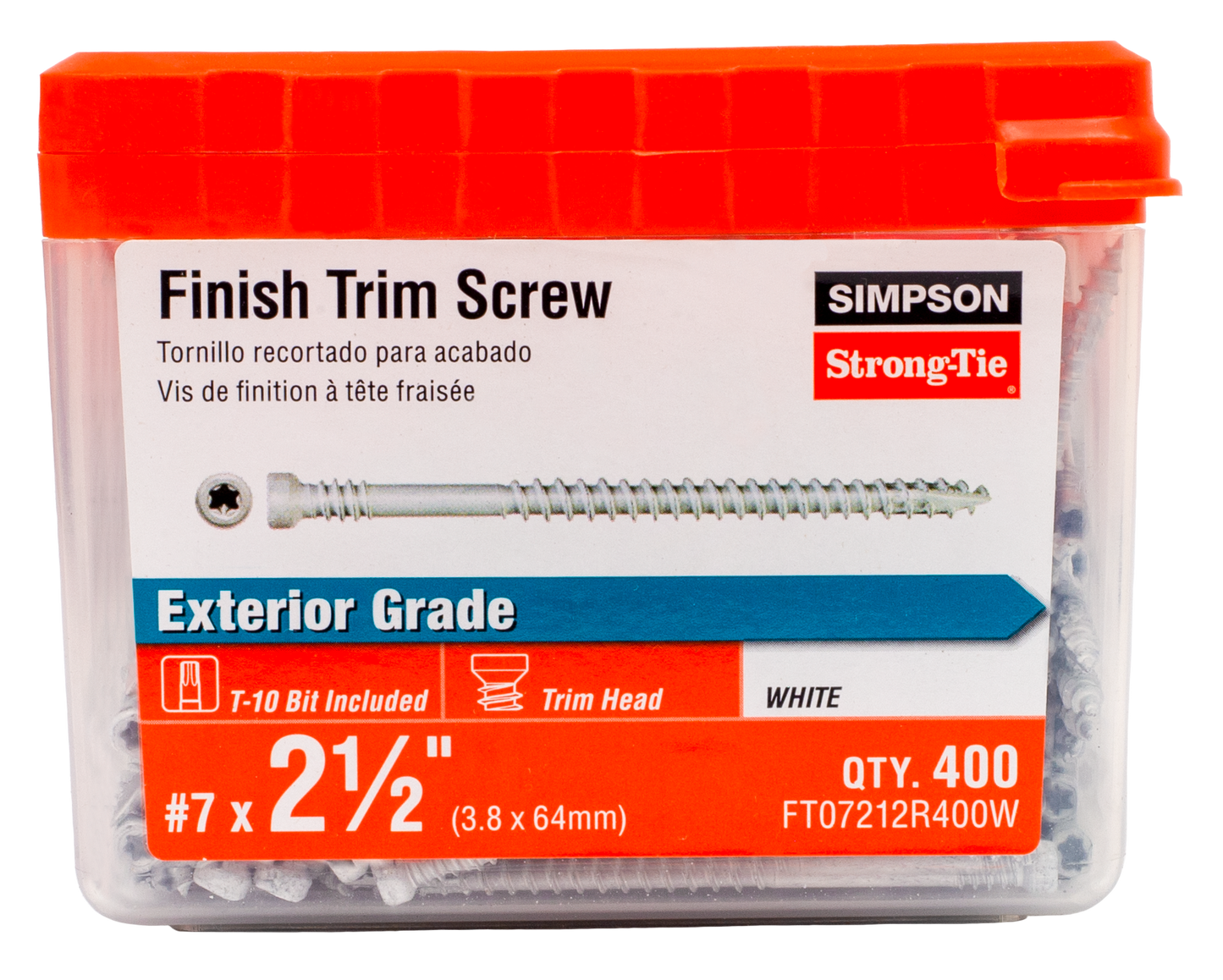 Simpson Strong-Tie FT07212R400W Finish Trim Screw — #7 x 2-1/2 in. T10, Trim-Head, Quik Guard®, White (400-Qty) (Pack of 6)