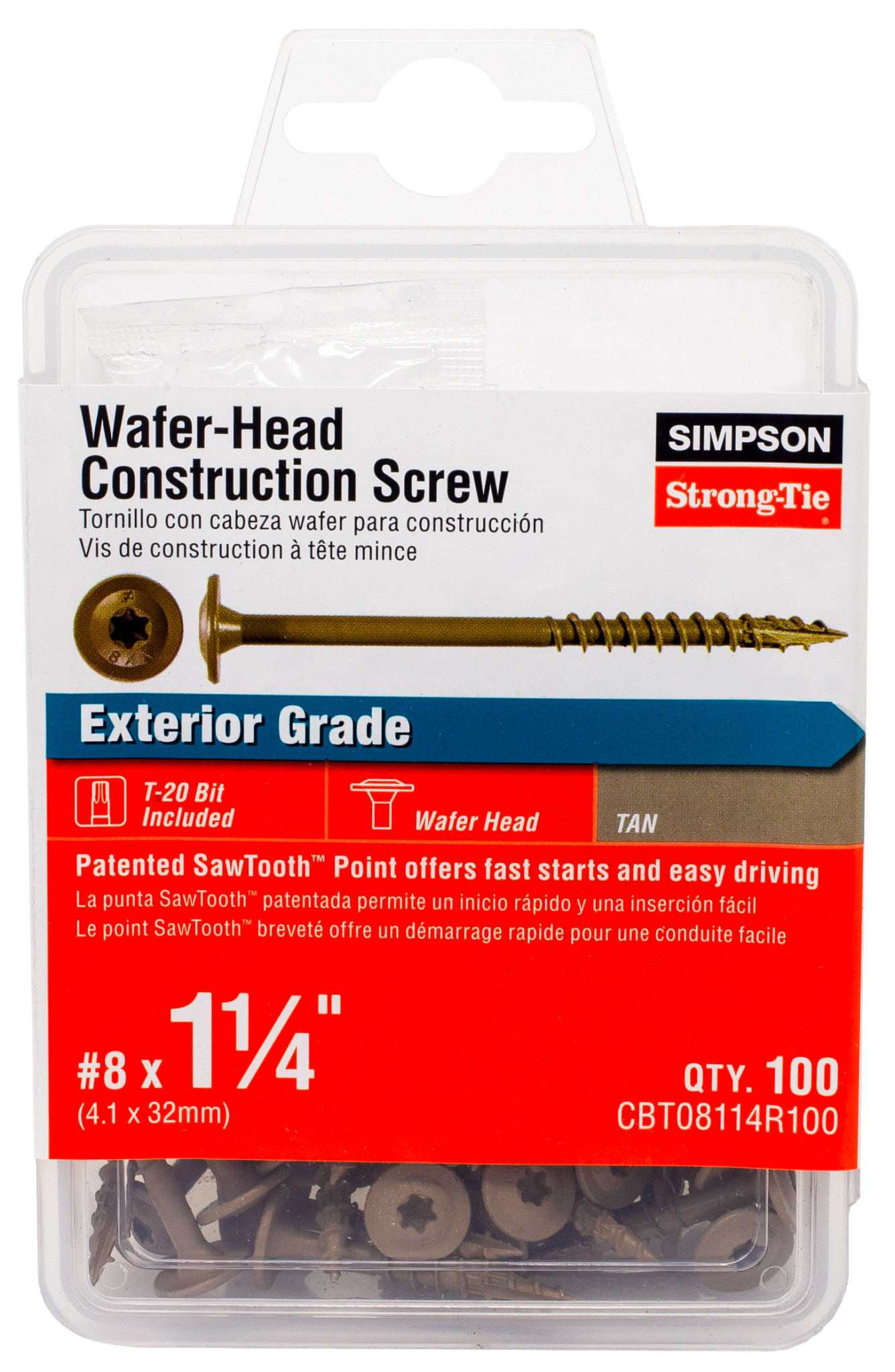 Simpson Strong-Tie CBT08114R100 Wafer-Head Construction Screw — #8 x 1-1/4 in. T20, Quik Guard®, Tan (100-Qty)