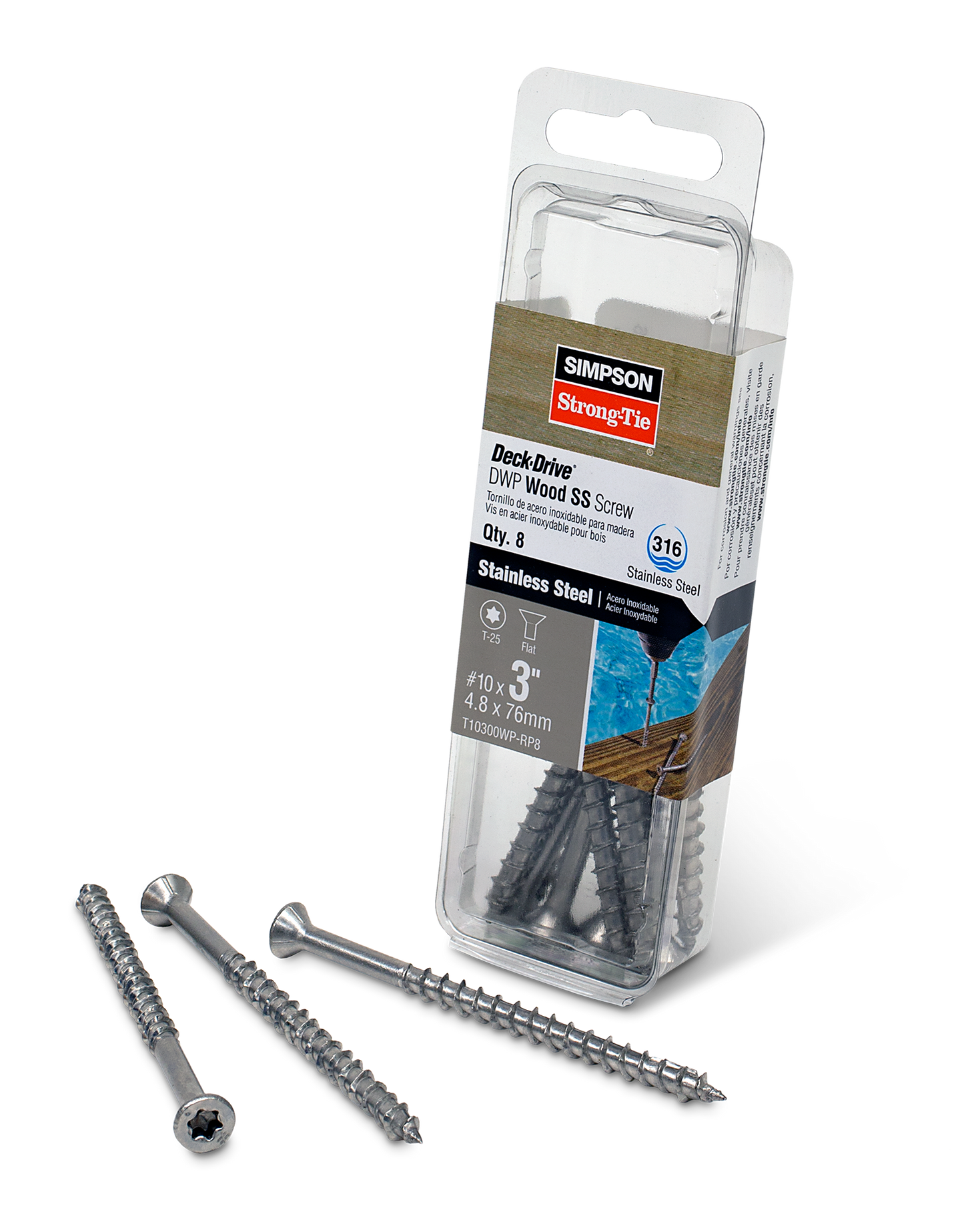 Simpson Strong-Tie T10300WP-RP8 Deck-Drive™ DWP WOOD SS Screw — #10 x 3 in. T-25, Flat Head, Type 316 (8-Qty)