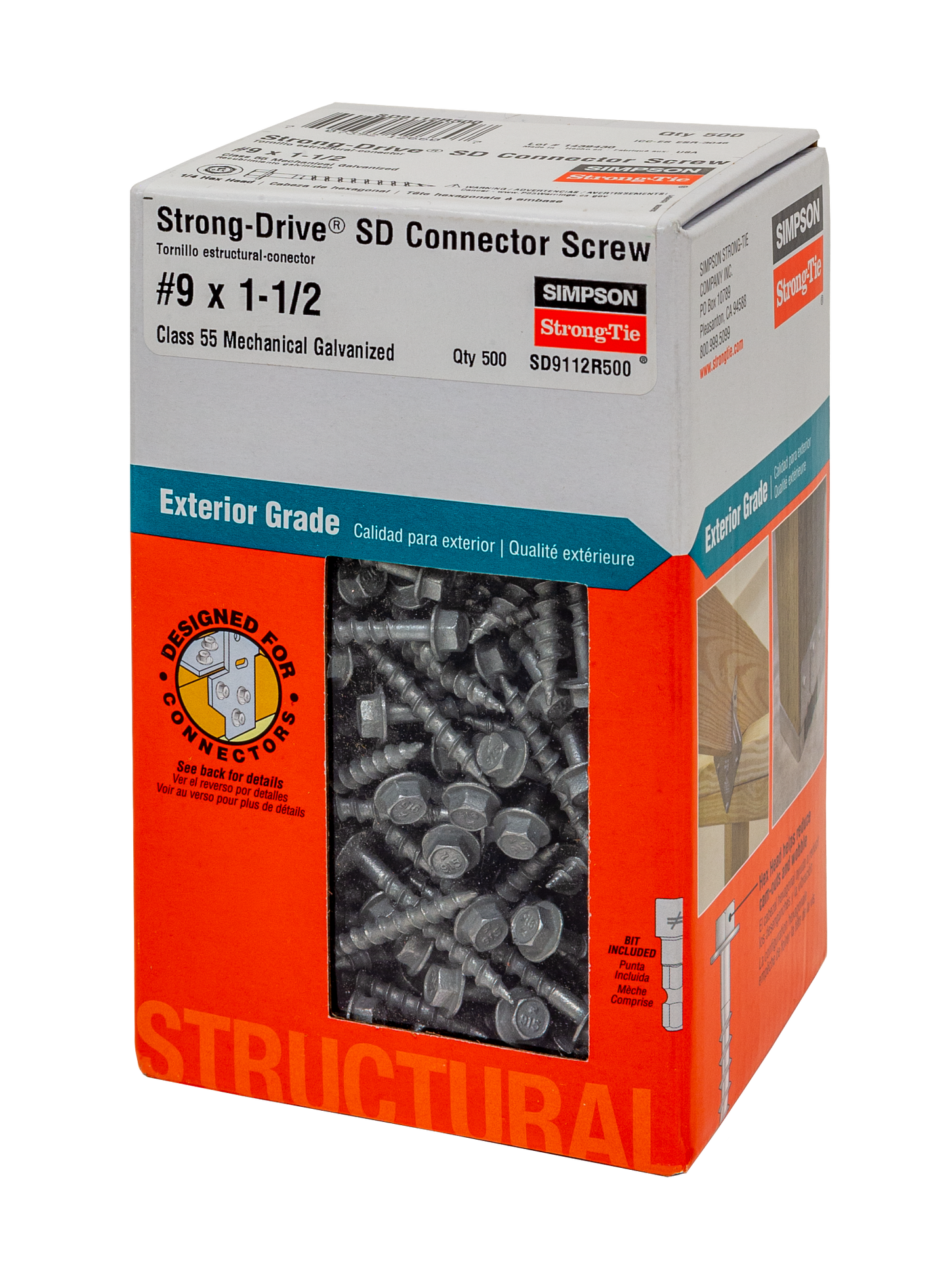 Simpson Strong-Tie SD9112R500 Strong-Drive® SD CONNECTOR Screw — #9 x 1-1/2 in. 1/4-Hex Drive, Mech. Galv. (500-Qty) (Pack of 408)