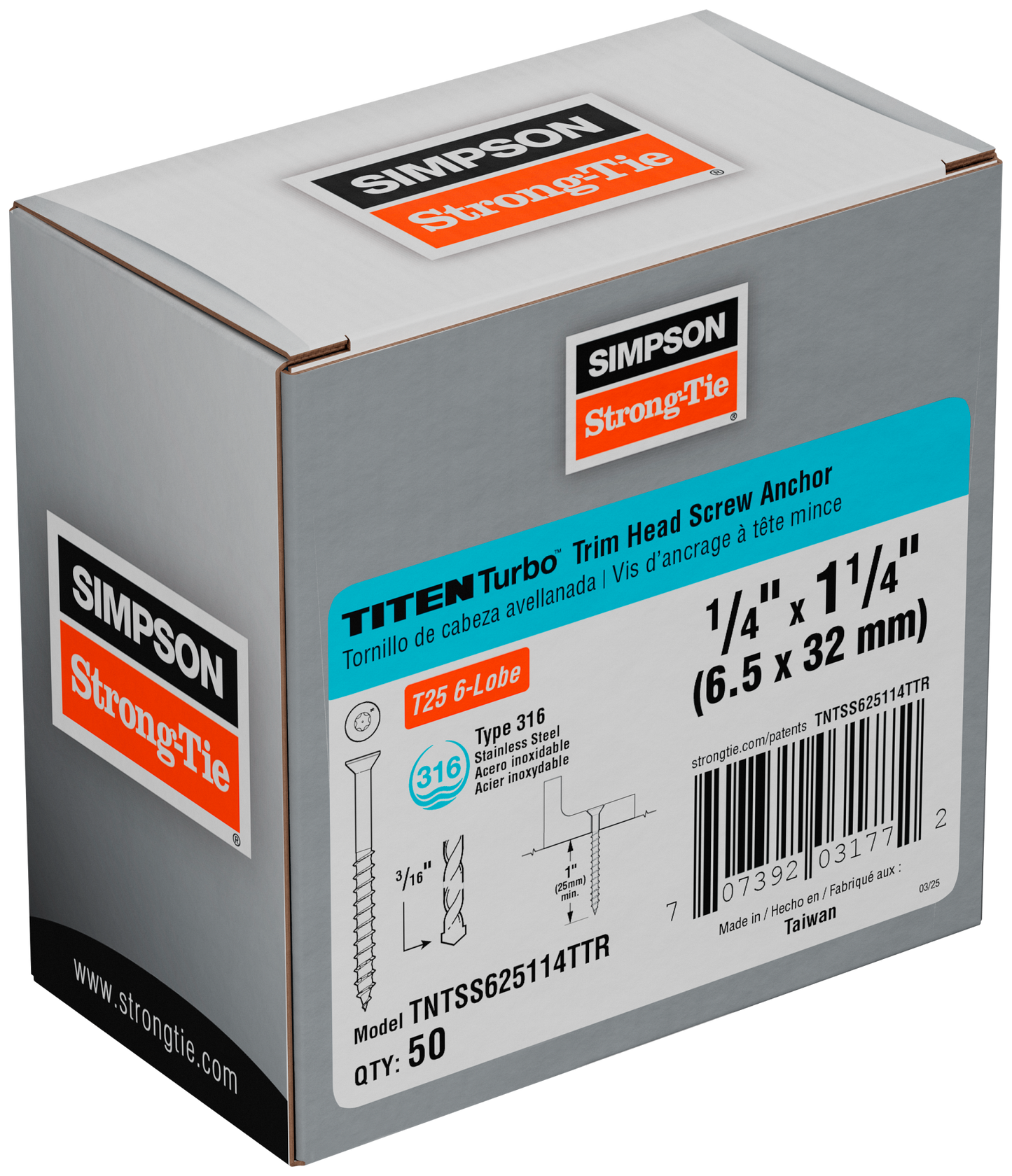 Simpson Strong-Tie TNTSS625114TTR Titen Turbo™ — 1/4 in. x 1-1/4 in. Type 316 Stainless-Steel Trim-Head Concrete and Masonry Screw (50-Qty) (Pack of 16)