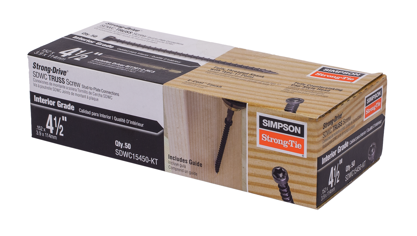Simpson Strong-Tie SDWC15450-KT Strong-Drive® SDWC® TRUSS Screw — .155 in. x 4-1/2 in. T30 6-Lobe E-coat®, Black (50-Qty)
