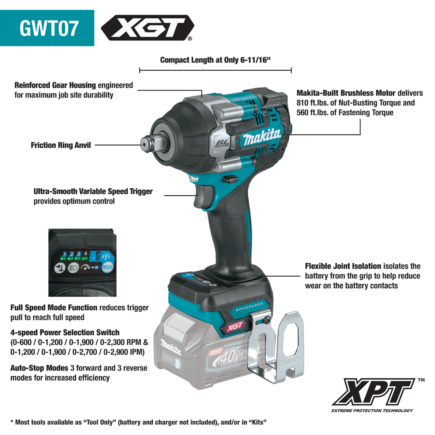 Makita GWT07D 40V max XGT® Brushless Cordless 4-Speed Mid-Torque 1/2" Sq. Drive Impact Wrench Kit w/ Friction Ring Anvil (2.5Ah)
