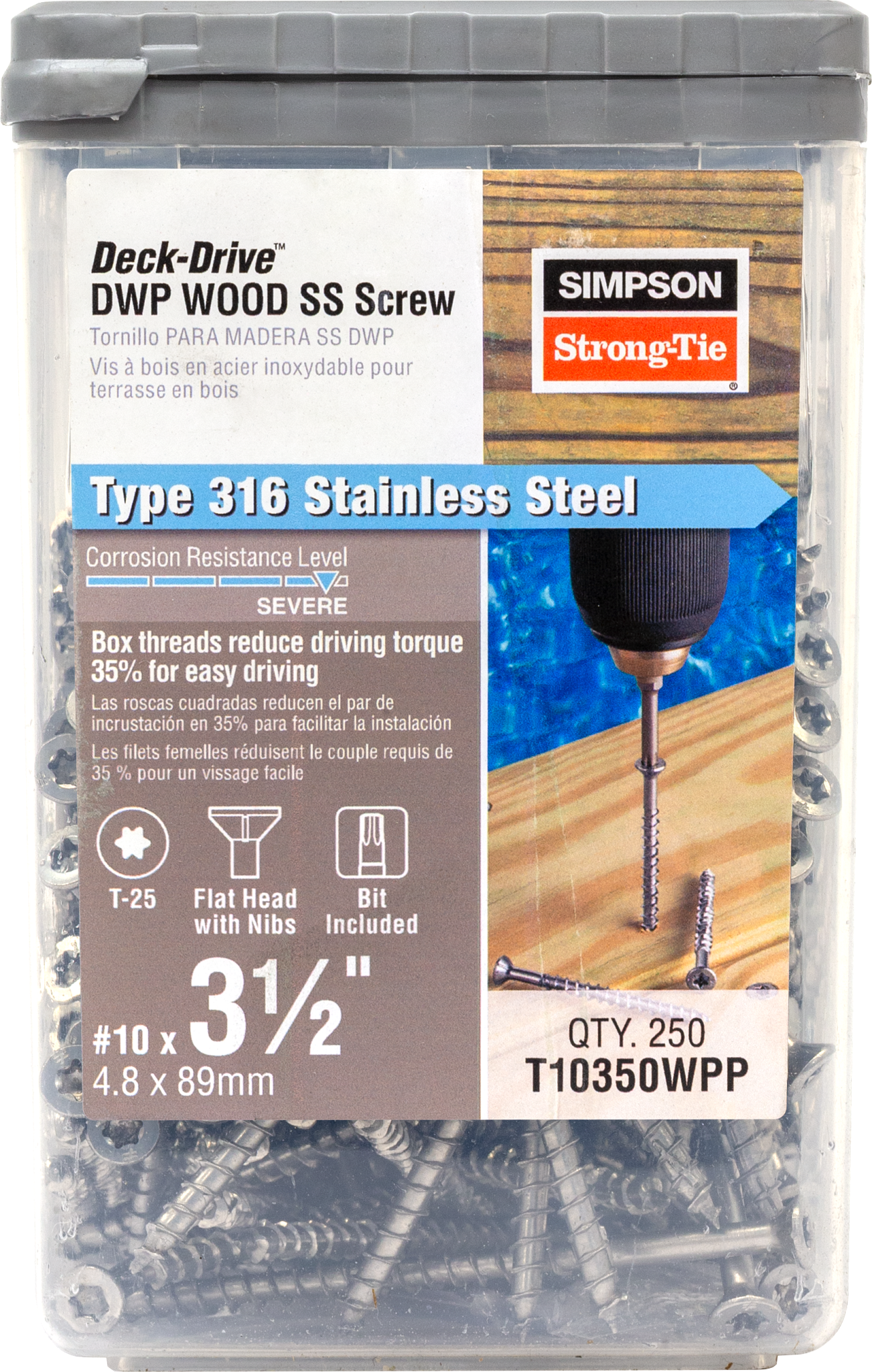 Simpson Strong-Tie T10350WPP Deck-Drive™ DWP WOOD SS Screw — #10 x 3-1/2 in. T-25, Flat Head, Type 316 (250-Qty)