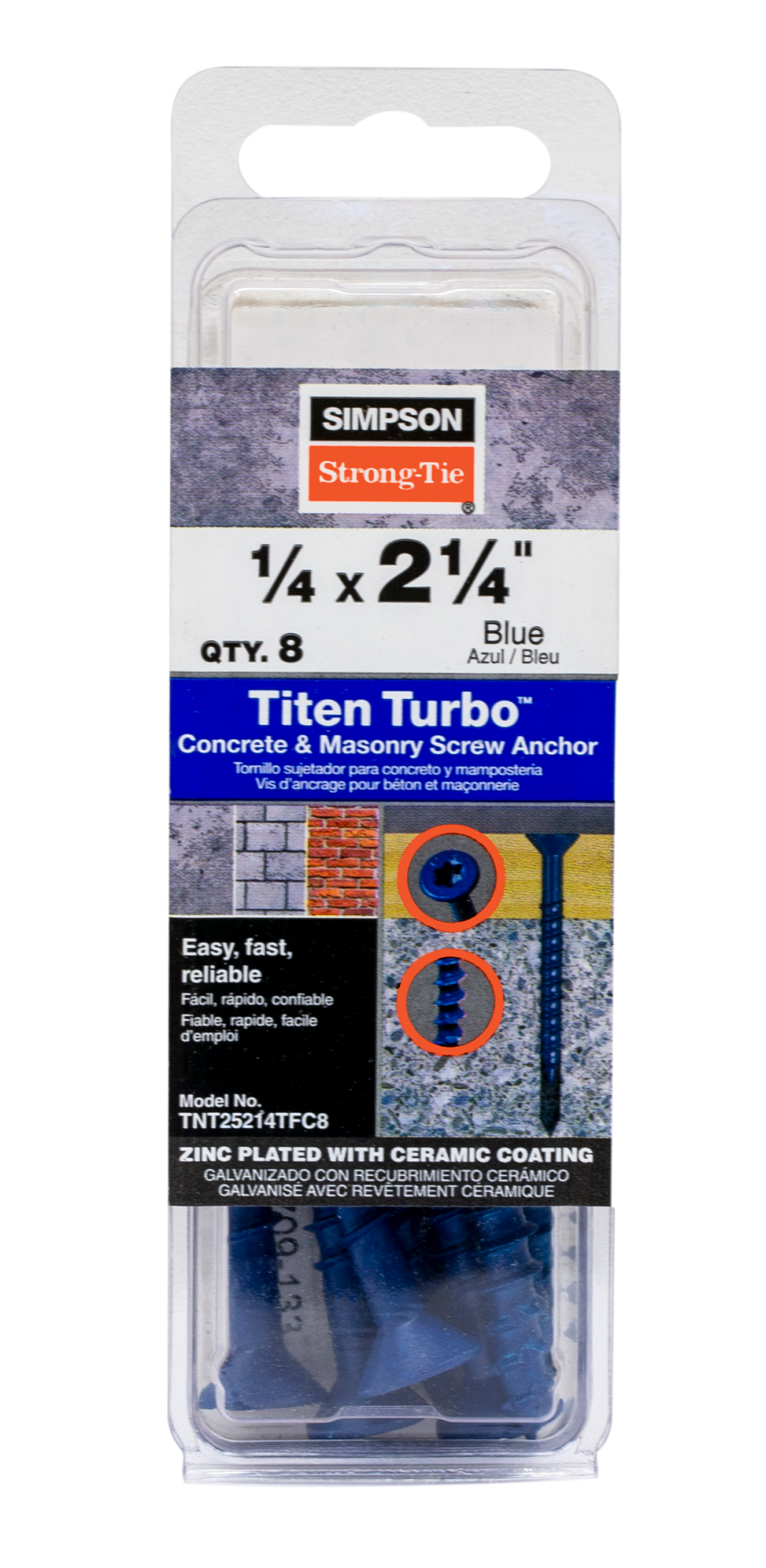 Simpson Strong-Tie TNT25214TFC8 Titen Turbo™ — 1/4 in. x 2-1/4 in. 6-Lobe Flat-Head Concrete and Masonry Screw, Blue (8-Qty) (Pack of 5520)