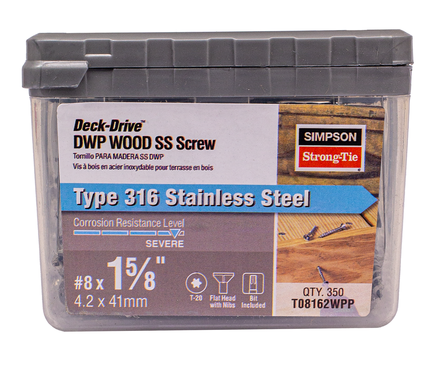 Simpson Strong-Tie T08162WPP Deck-Drive™ DWP WOOD SS Screw — #8 x 1-5/8 in. T20, Flat Head, Type 316 (350-Qty) (Pack of 6)