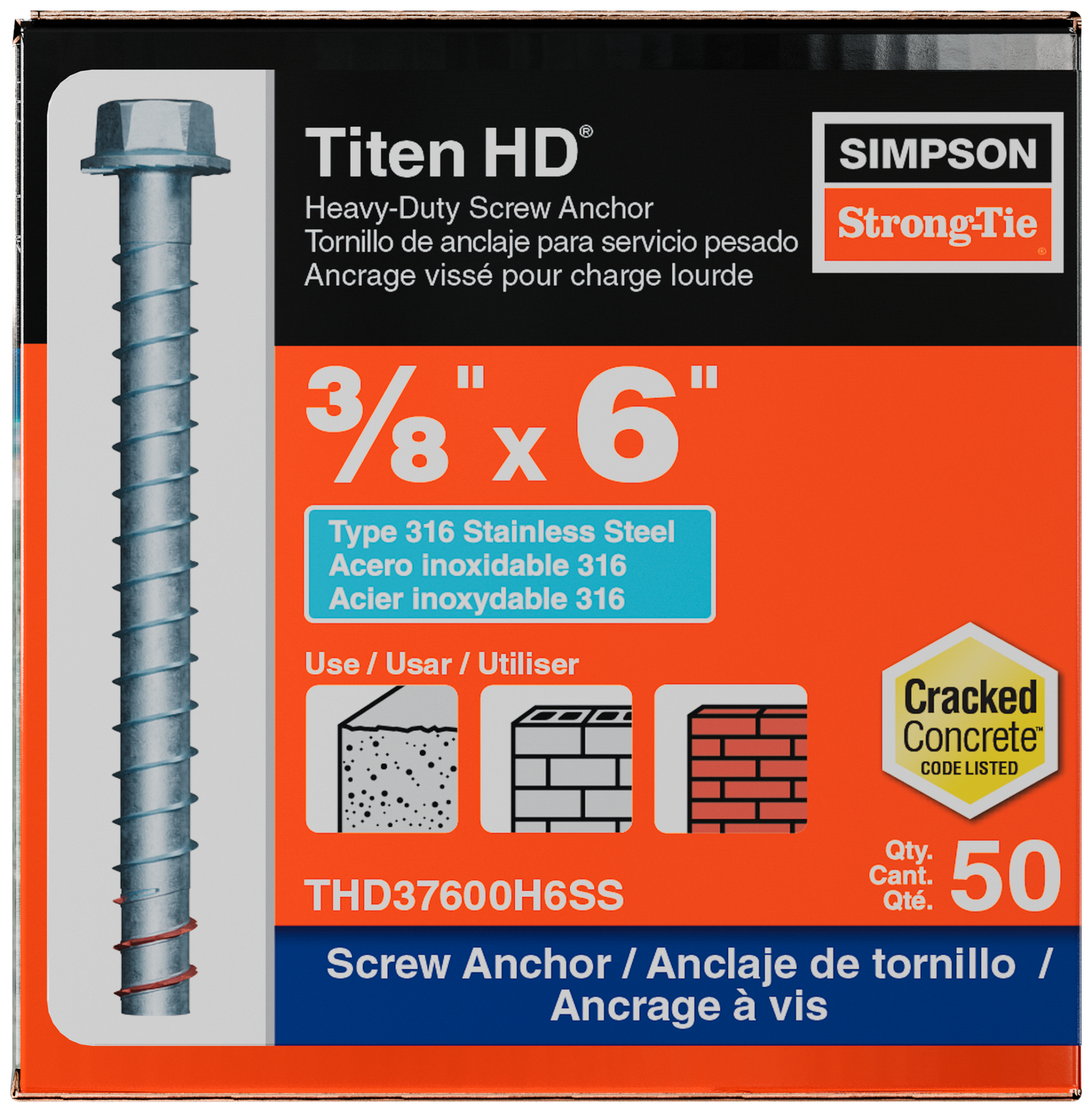 Simpson Strong-Tie THD37600H6SS Titen HD® 3/8 in. x 6 in. Type 316 Stainless Steel Heavy-Duty Screw Anchor (50-Qty) (Pack of 2)