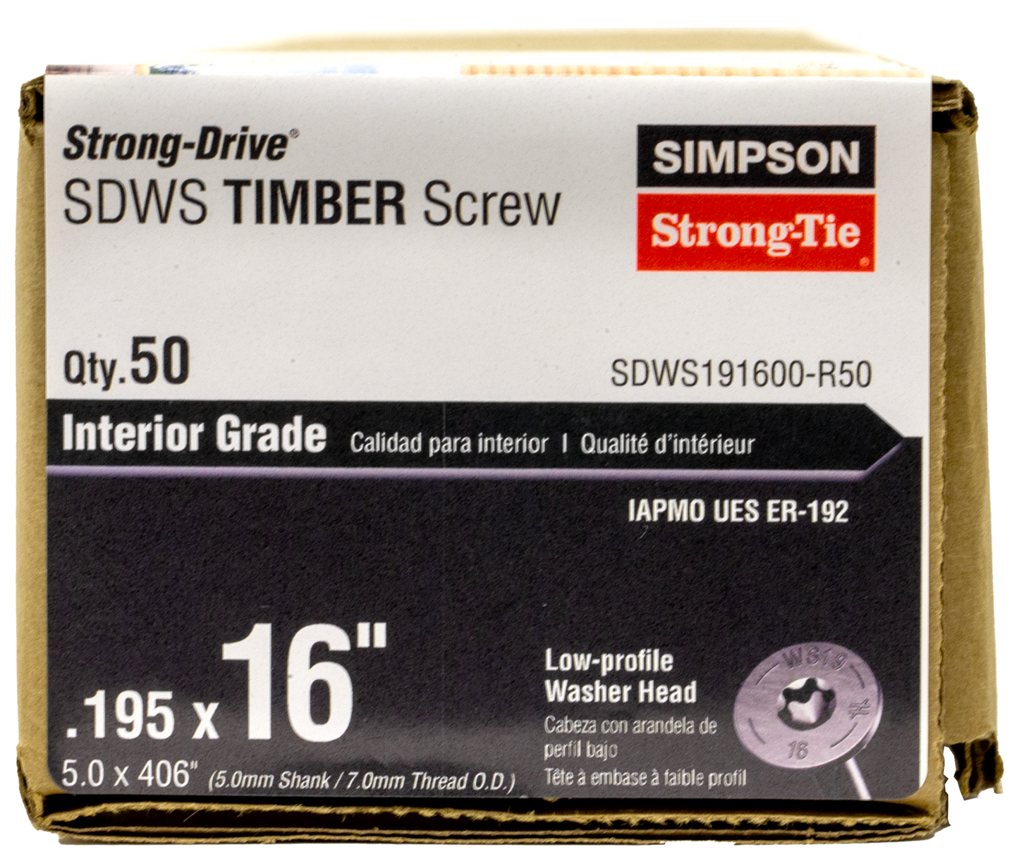Simpson Strong-Tie SDWS191600-R50 Strong-Drive® SDWS™ TIMBER Screw (Interior) — 0.195 in. x 16 in. E-coat® (50-Qty) (Pack of 6)