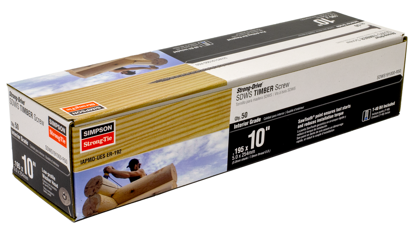 Simpson Strong-Tie SDWS191000-R50 Strong-Drive® SDWS™ TIMBER Screw (Interior) — 0.195 in. x 10 in. E-coat® (50-Qty)