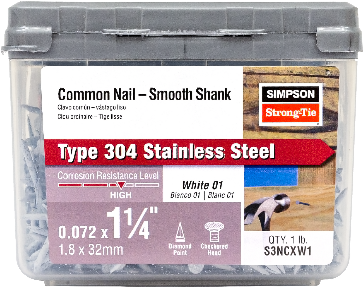 Simpson Strong-Tie S3NCXW1 Trim Nail, White Painted Head — 1-1/4-in. x .072-in. Type 304 Stainless Steel (1 lb.)