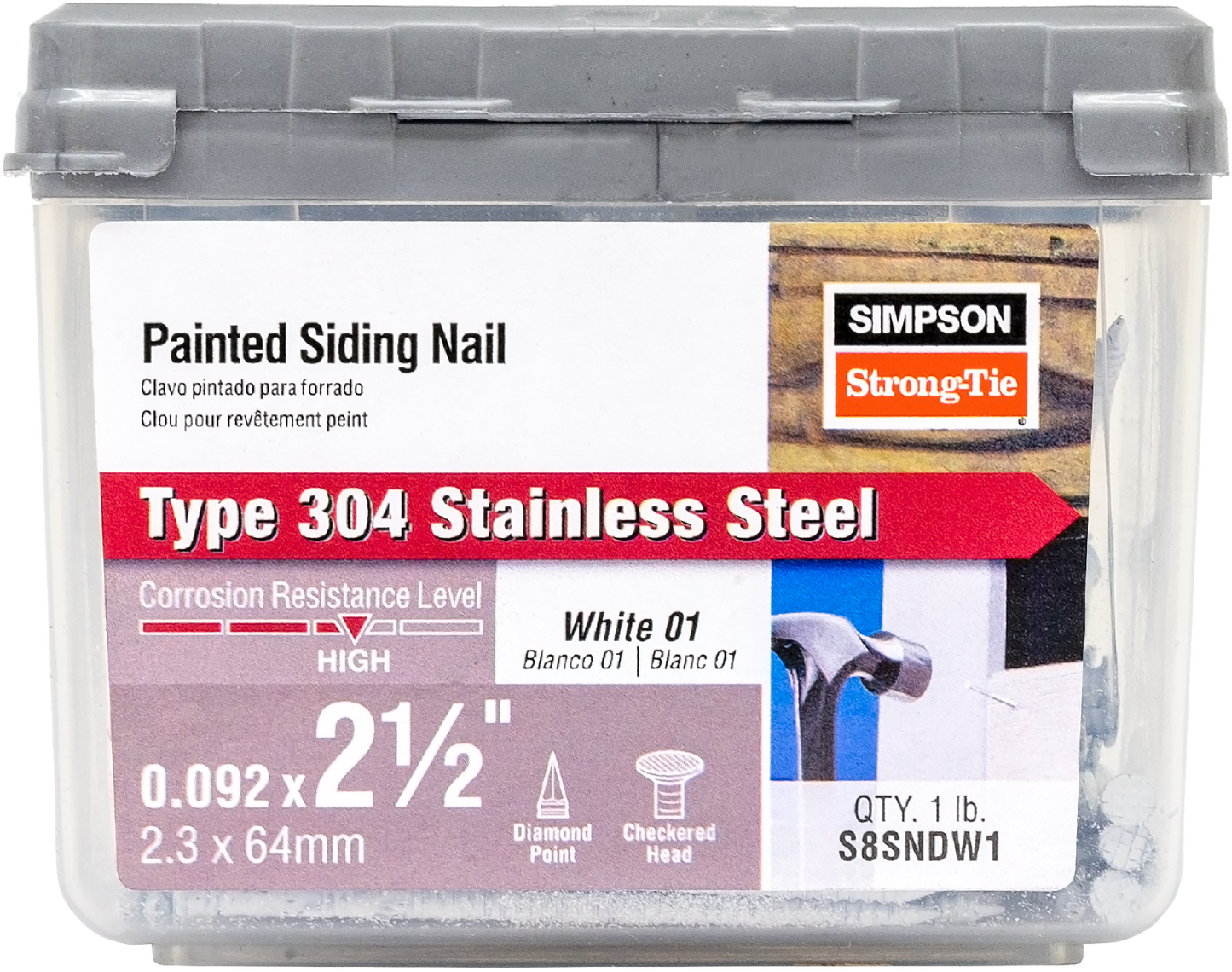 Simpson Strong-Tie S6SNDW1 Painted Siding Nail — 2 in. x .092 in. Type 304 Stainless Steel, White (1 lb.) (Pack of 10)