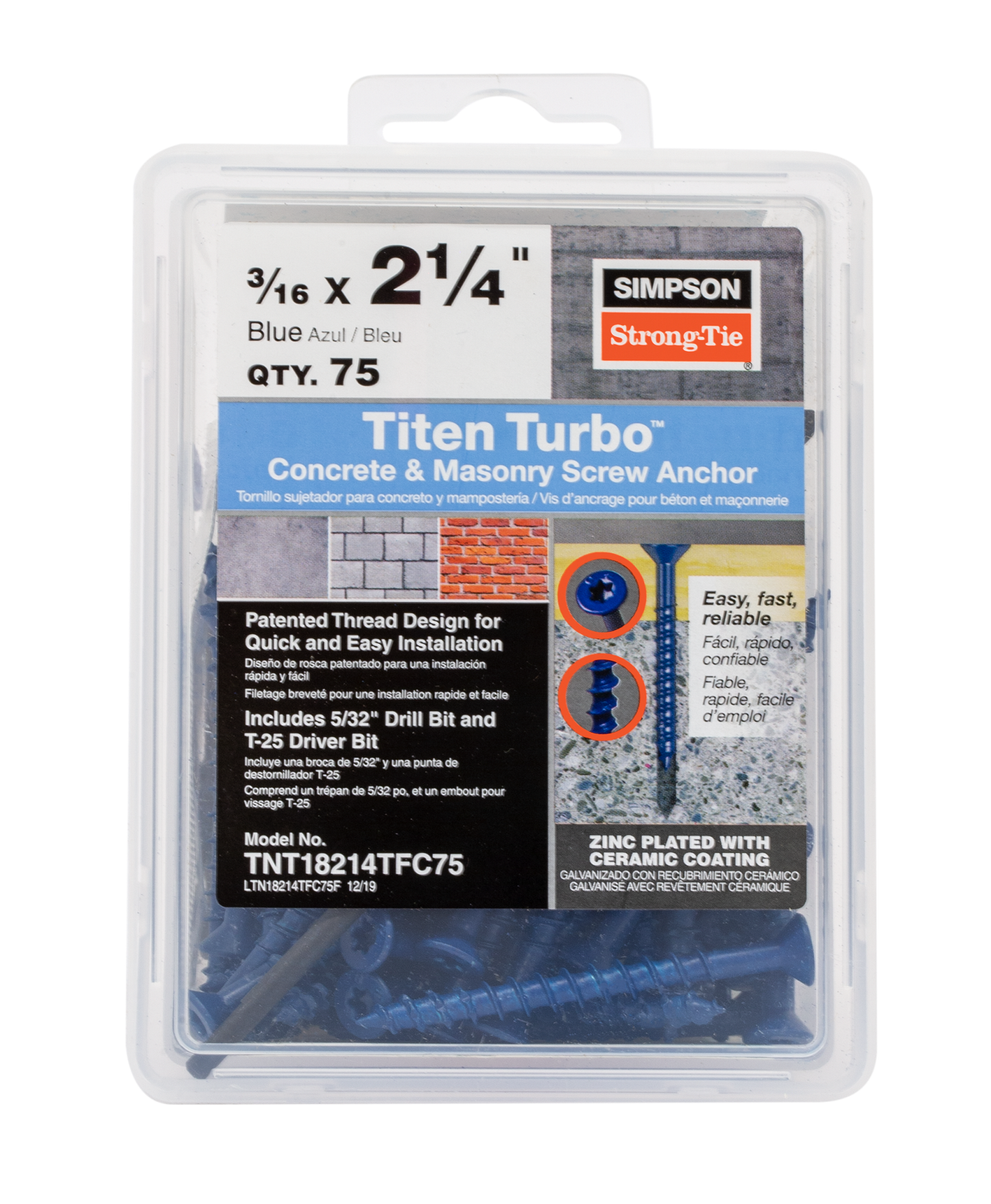Simpson Strong-Tie TNT18214TF Titen Turbo™ — 3/16 in. x 2-1/4 in. 6-Lobe Flat-Head Concrete and Masonry Screw, Blue (100-Qty) (Pack of 5)