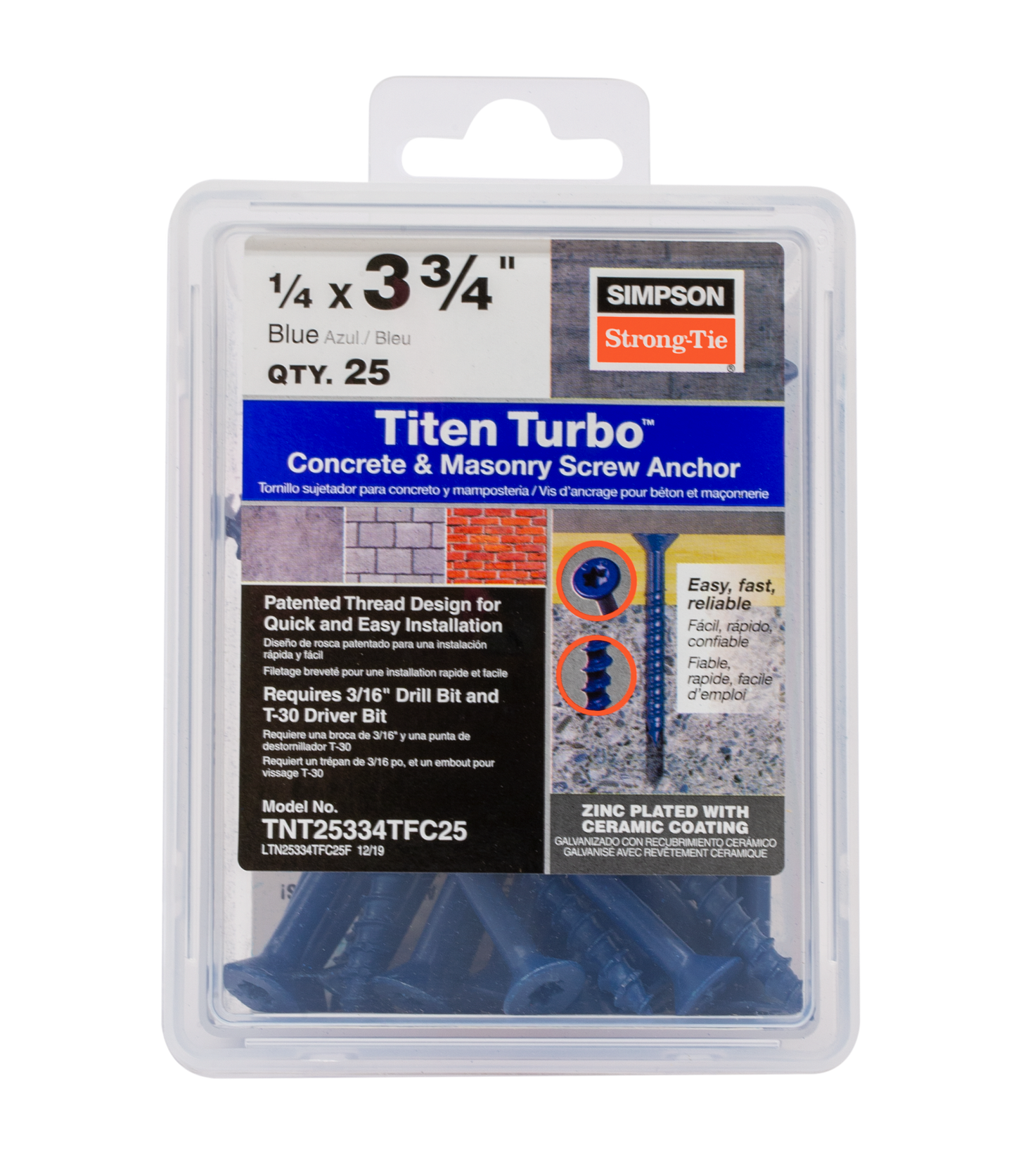 Simpson Strong-Tie TNT25334TFC25 Titen Turbo™ — 1/4 in. x 3-3/4 in. 6-Lobe Flat-Head Concrete and Masonry Screw, Blue (25-Qty) (Pack of 4)