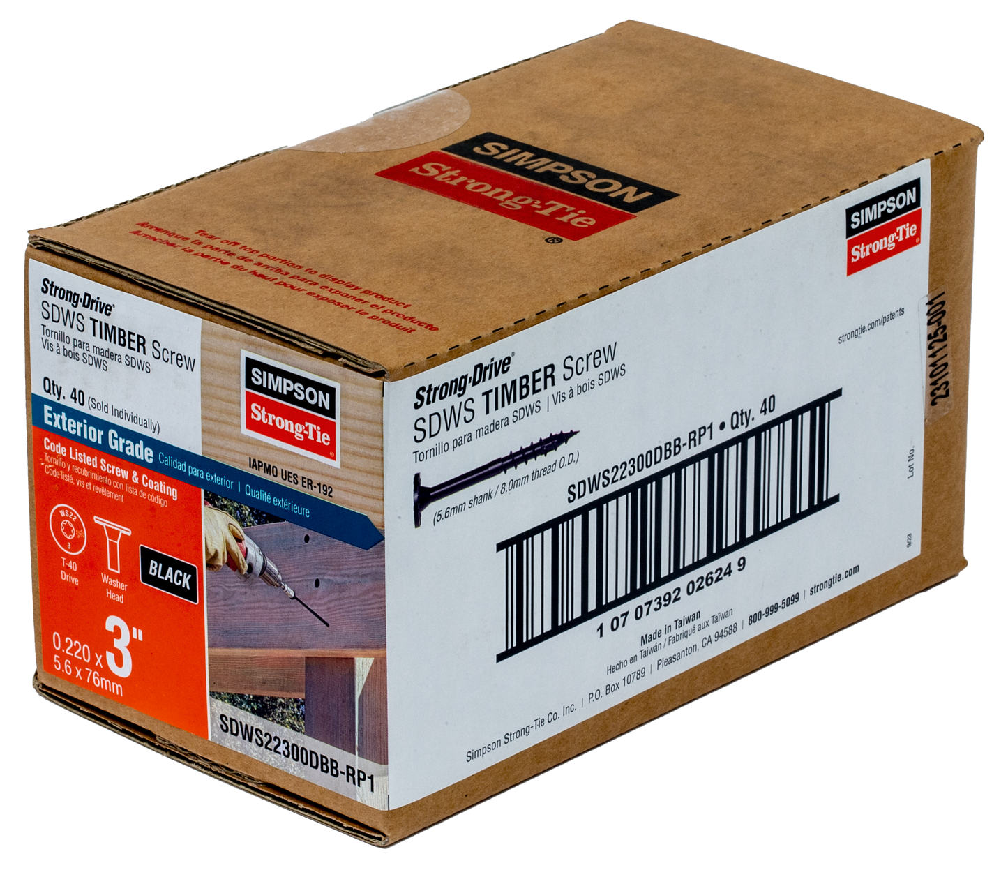 Simpson Strong-Tie SDWS22300DBB-RP1 Strong-Drive® SDWS™ TIMBER Screw (Exterior Grade) — 0.220 in. x 3 in. T40, Black (Pack of 40)