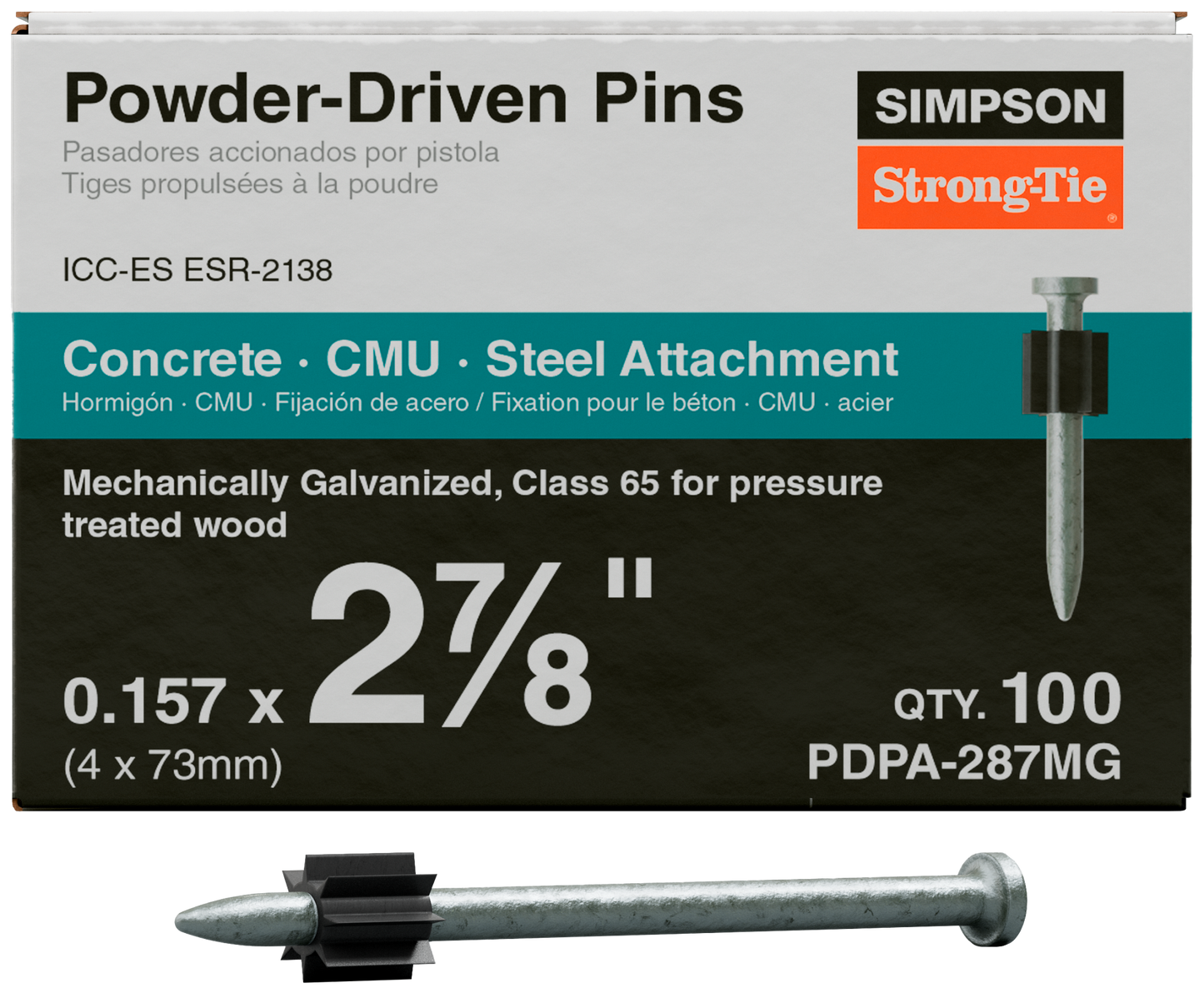 Simpson Strong-Tie PDPA-287MG PDPA .157 in. x 2-7/8 in. Mechanically Galvanized Powder-Actuated Pin (100-Qty) (Pack of 10)