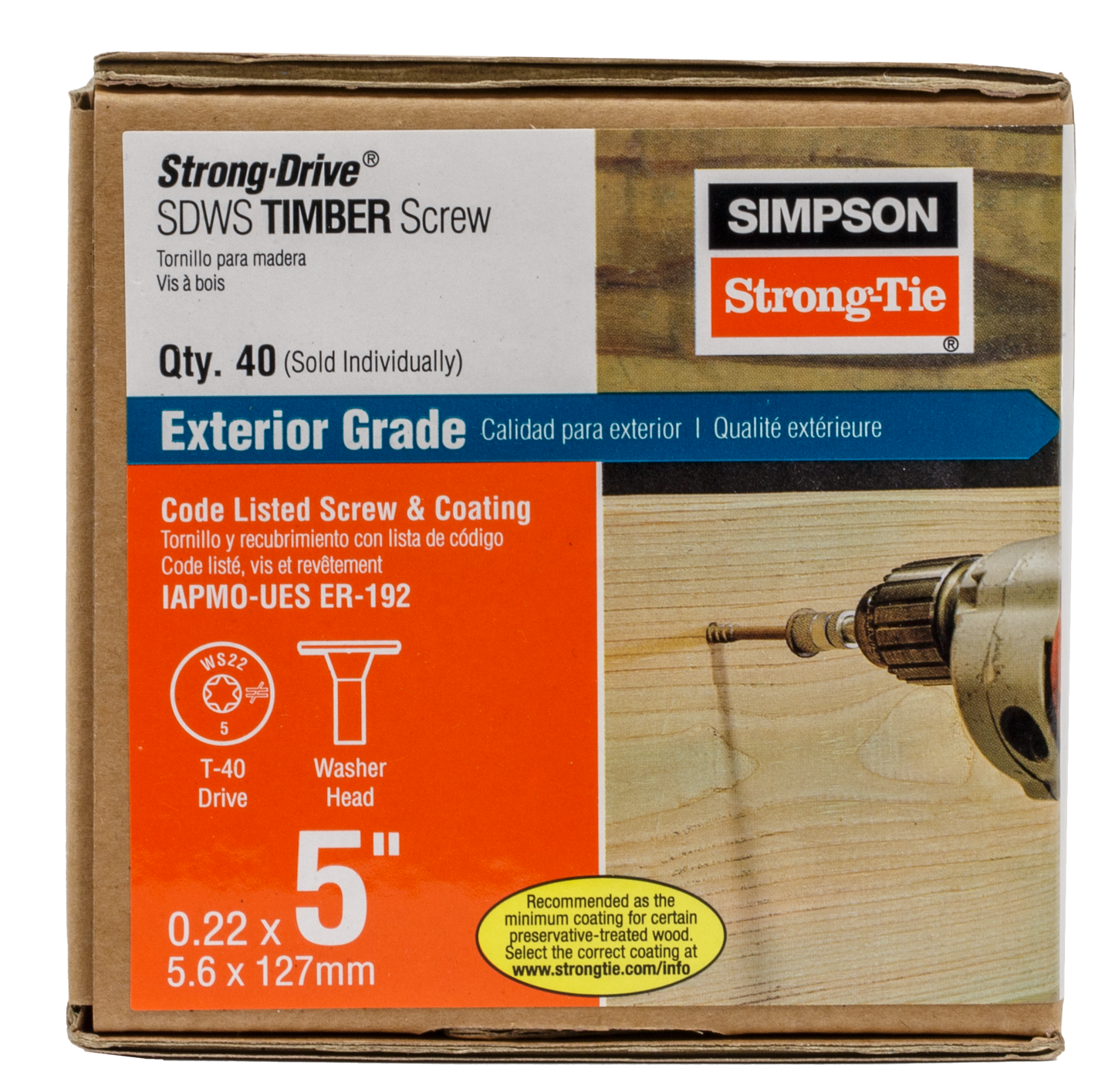Simpson Strong-Tie SDWS22500DB-RP1 Strong-Drive® SDWS™ TIMBER Screw (Exterior Grade) — 0.220 in. x 5 in. T40, Tan