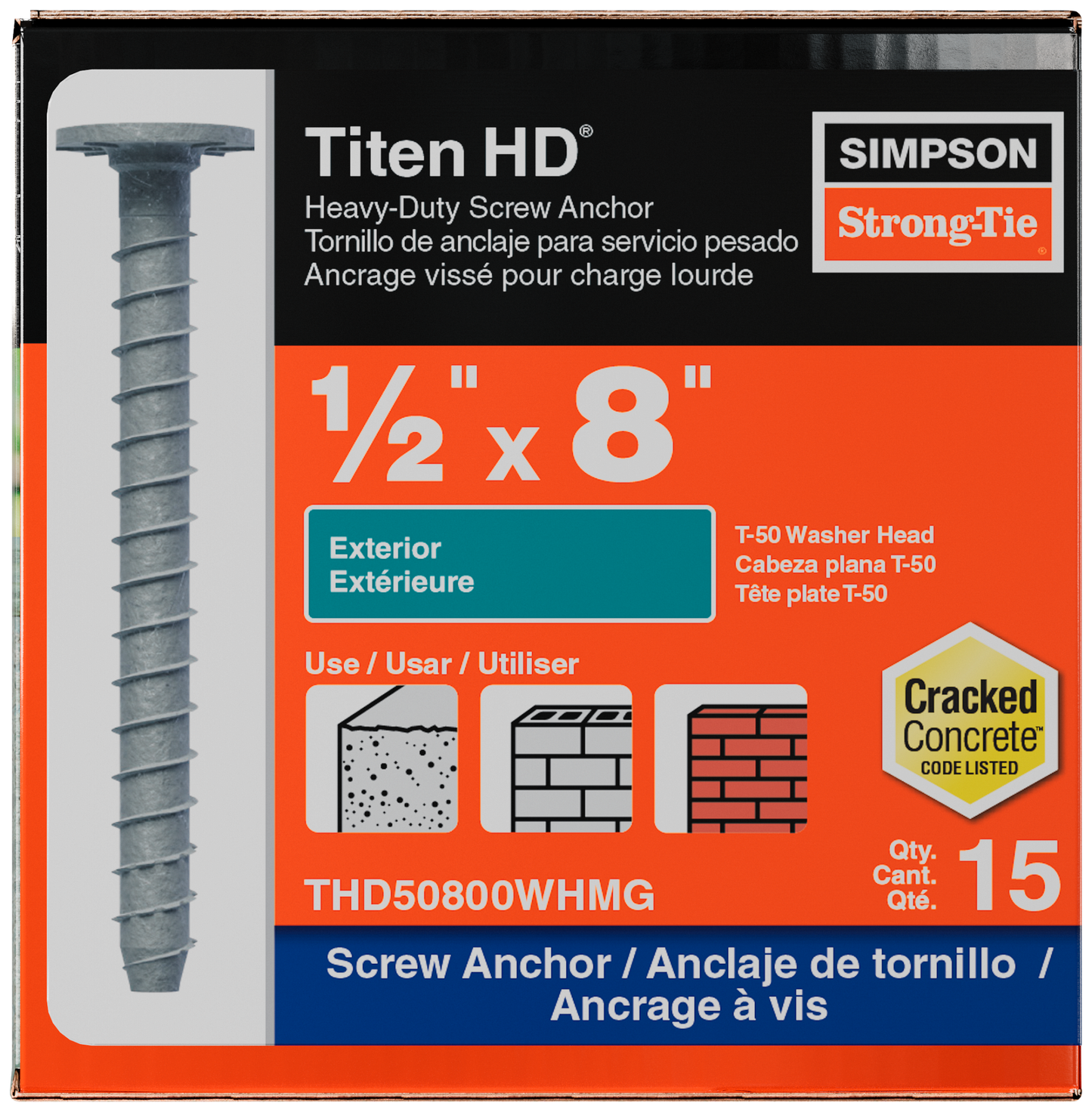 Simpson Strong-Tie THD50800WHMG Titen HD® 1/2 in. x 8 in. Mech. Galv. Washer-Head Heavy-Duty Screw Anchor (15-Qty) (Pack of 2)
