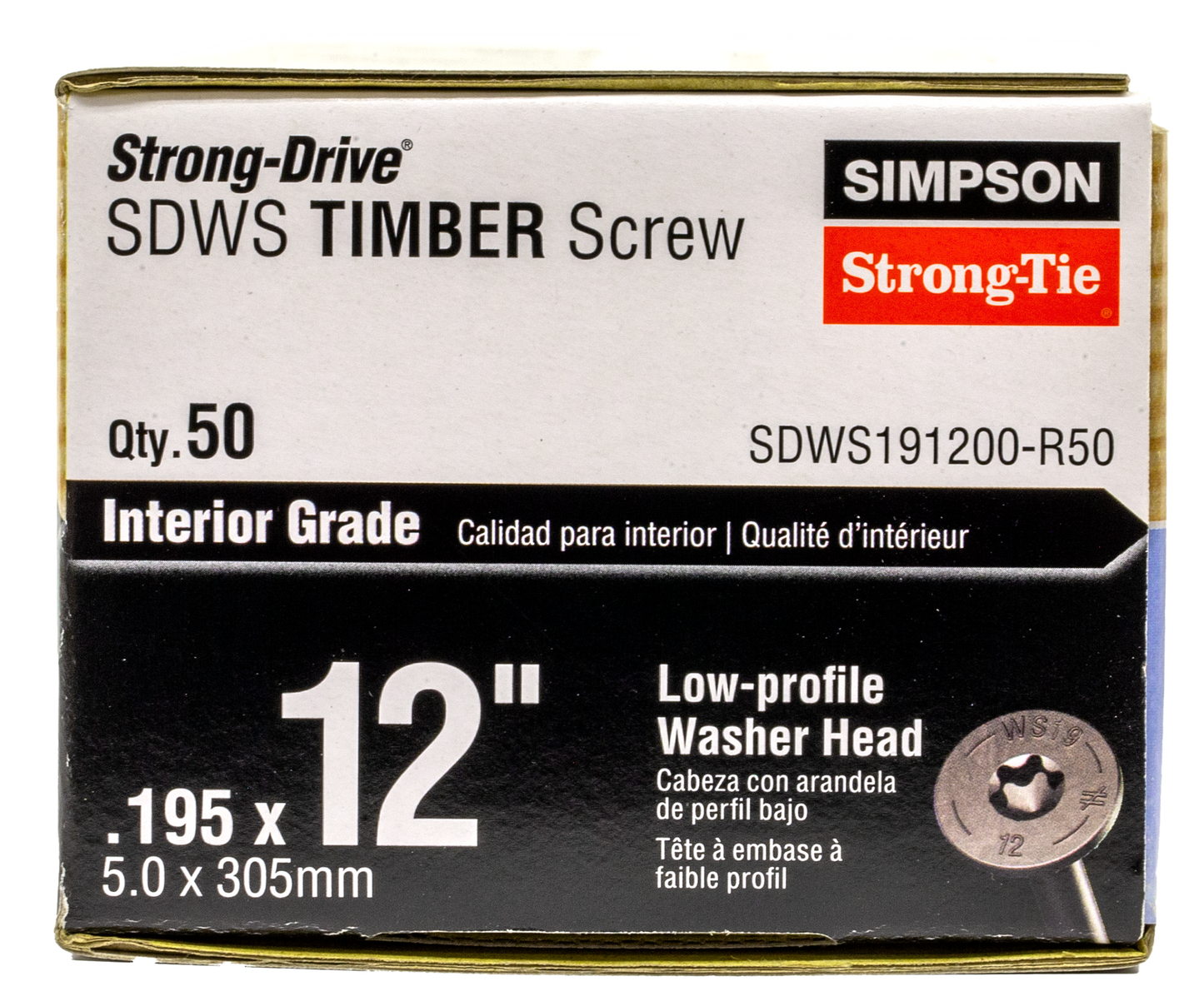Simpson Strong-Tie SDWS191200-R50 Strong-Drive® SDWS™ TIMBER Screw (Interior) — 0.195 in. x 12 in. E-coat® (50-Qty) (Pack of 156)