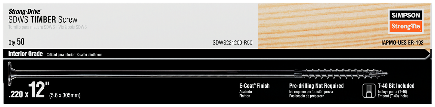 Simpson Strong-Tie SDWS221200-R50 Strong-Drive® SDWS™ TIMBER Screw (Interior) — 0.220 in. x 12 in. E-coat® (50-Qty)