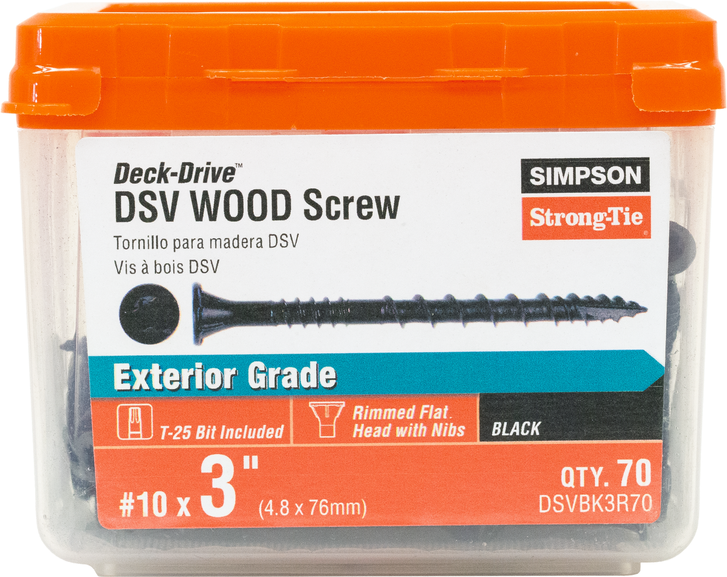 Simpson Strong-Tie DSVBK3R70 Deck-Drive™ DSV WOOD Screw — #10 x 3 in. T25, Flat Head, Quik Guard®, Black (70-Qty)
