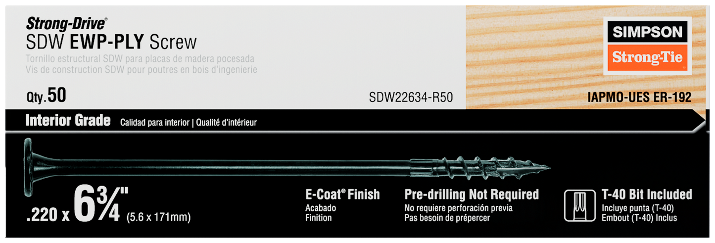 Simpson Strong-Tie SDW22634-R50 Strong-Drive® SDW™ EWP-PLY Screw — .220 in. x 6-3/4 in. T40 6-Lobe, E-coat® (50-Qty)