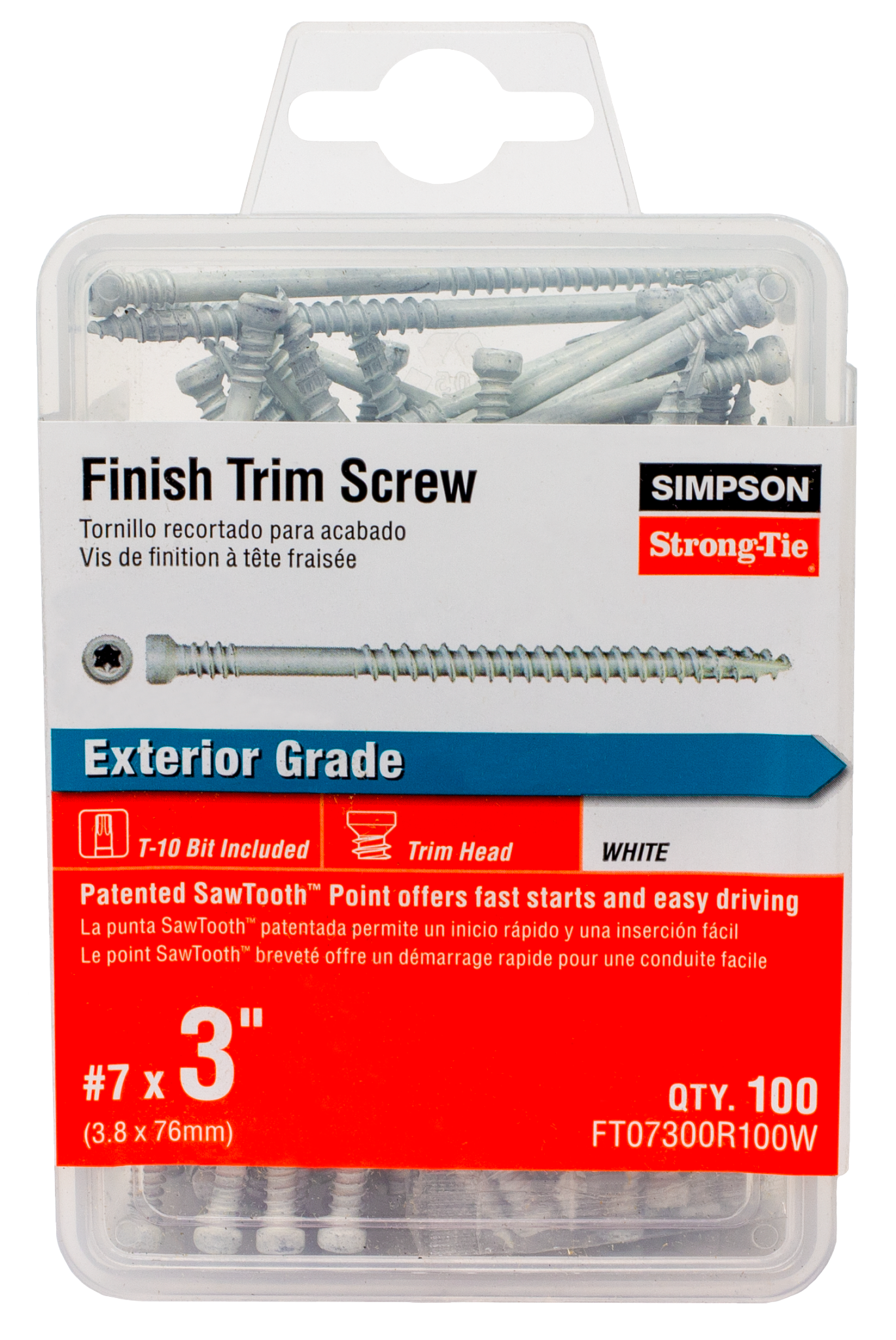 Simpson Strong-Tie FT07300R100W Finish Trim Screw — #7 x 3 in. T10, Trim-Head, Quik Guard®, White (100-Qty) (Pack of 5)
